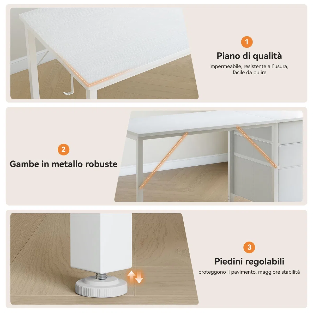 Coleshome Scrivania con 3 Cassetti in Tessuto, 120x48cm Scrivania Salvaspazio con Portacuffie, Bianco Scrivania Computer Reversibile per Piccolo Ufficio in Casa