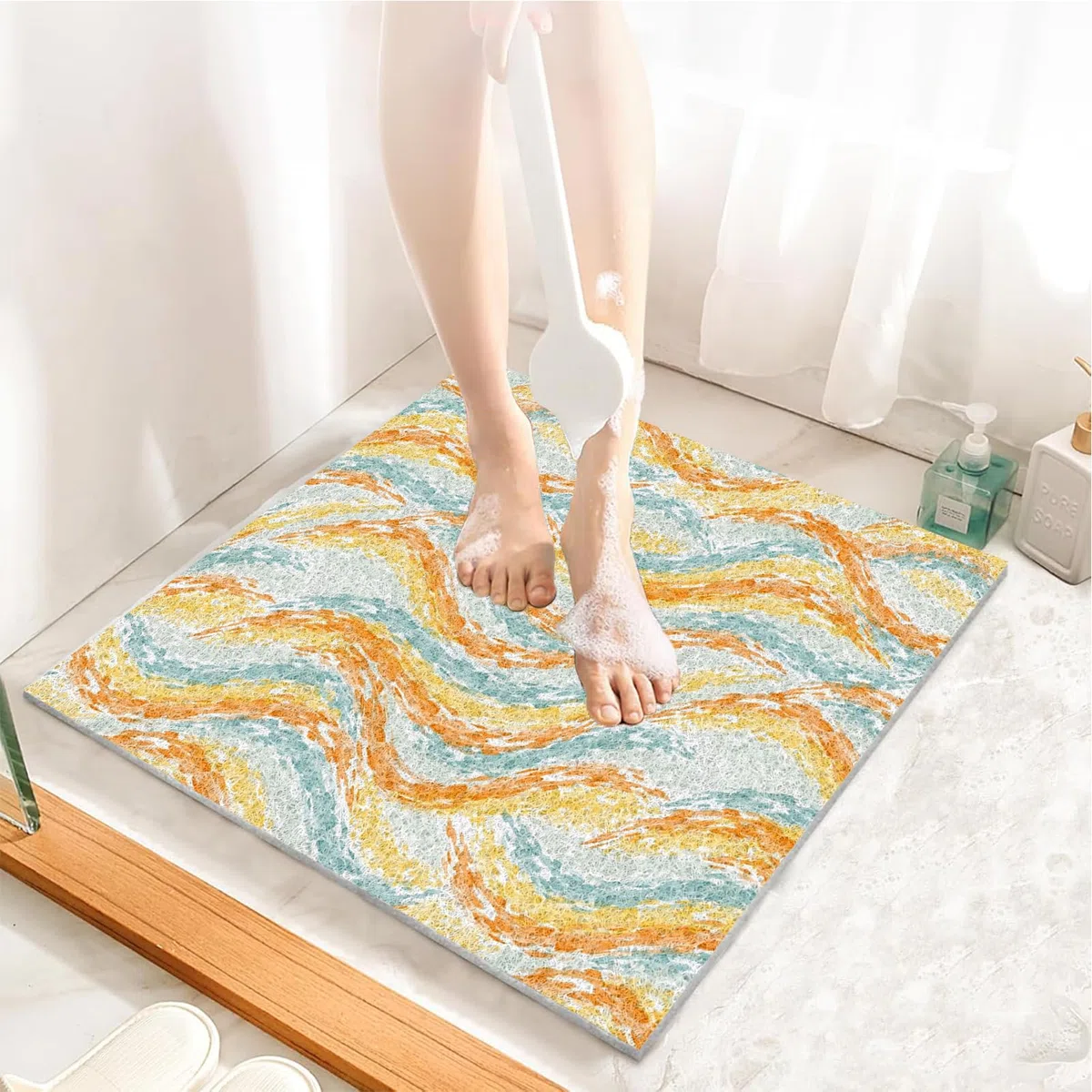 Tappetino da doccia in luffa, antiscivolo, con scarico interno, morbido e confortevole, in PVC, ad asciugatura rapida, per bagno, 45 x 80 cm (arancione foglia di tè)