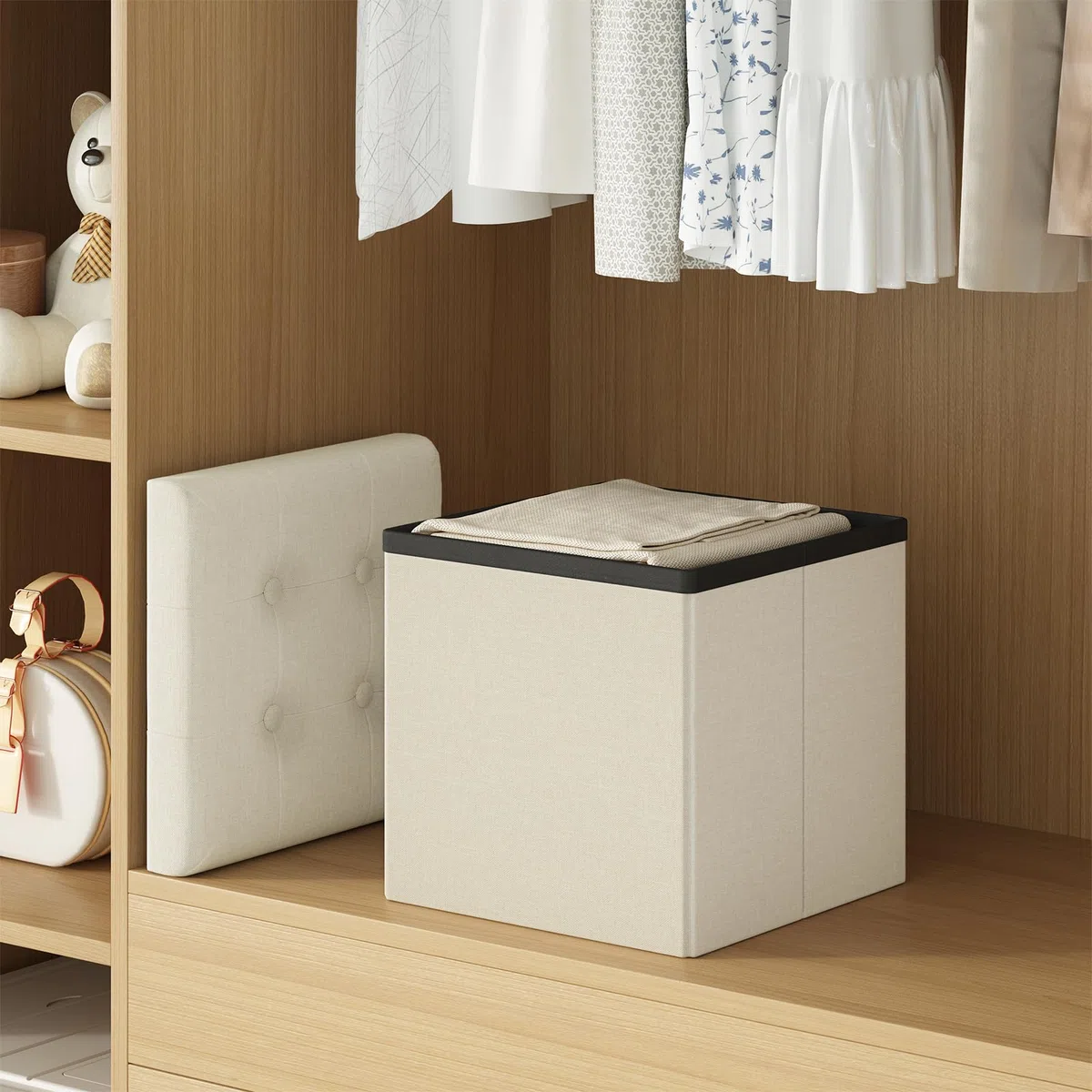 WOLTU Pouf con Contenitore, Puffo Pieghevole con Coperchio, Poggiapiedi Divano, Cubo Seduta con Ripiano, per Soggiorno o Camera da Letto, 30x30x30 cm, Crema