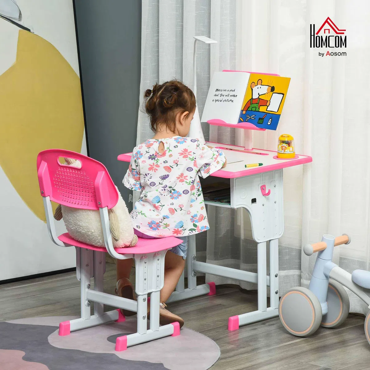 HOMCOM Banchetto per Bambini 6-12 Anni ad Altezza Regolabile con Lampada LED, Leggio e Mensola, Set Banco con Sedia per Bambini in PP, Acciaio e MDF, Rosa