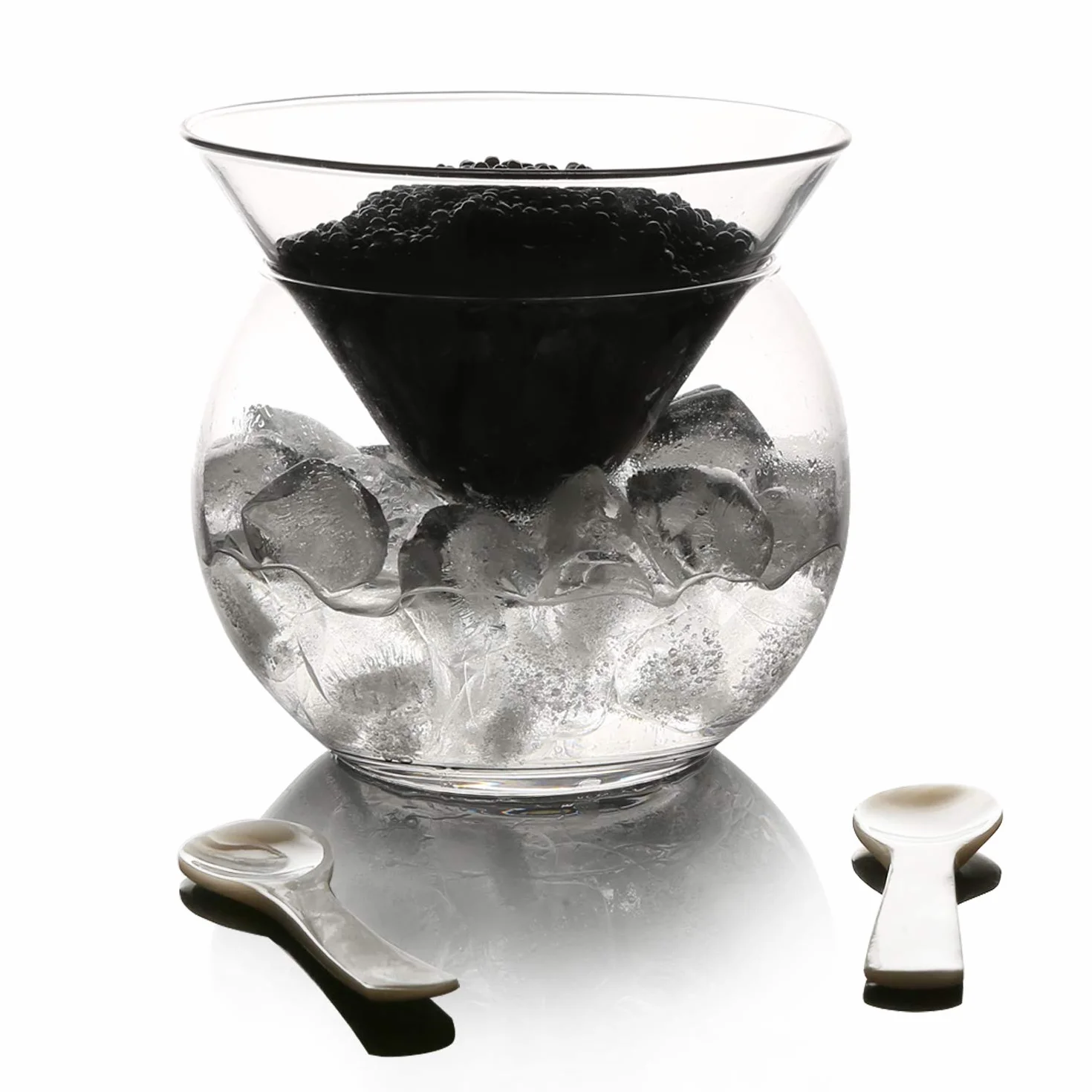 DUEBEL Porta Cavialein in Vetro e 2 Cucchiaini in Madreperla da 8cm - per Caviale, Martini, Vino, Cocktail Liquoroso