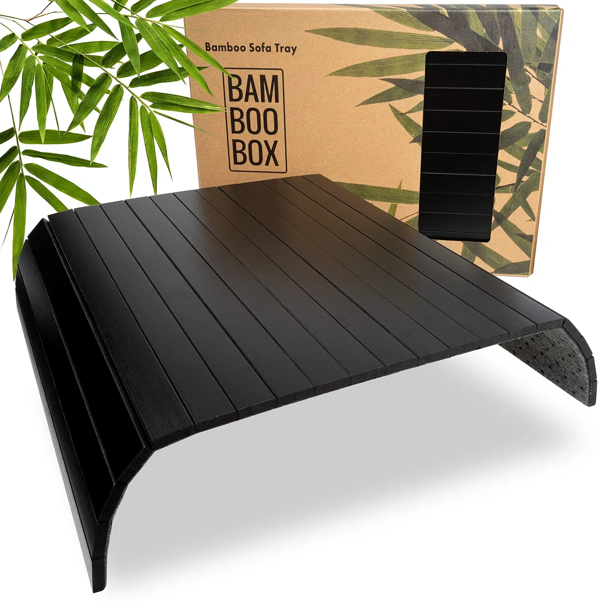 BAM BOO BOX Vassoio da Divano Bambù – Vassoio Bracciolo Divano 42x34x0,7cm – Portabicchieri Tavolino Aperitivo – Bambù Legno Naturale | Per Bicchieri, Tazze & Piatti (Nero)