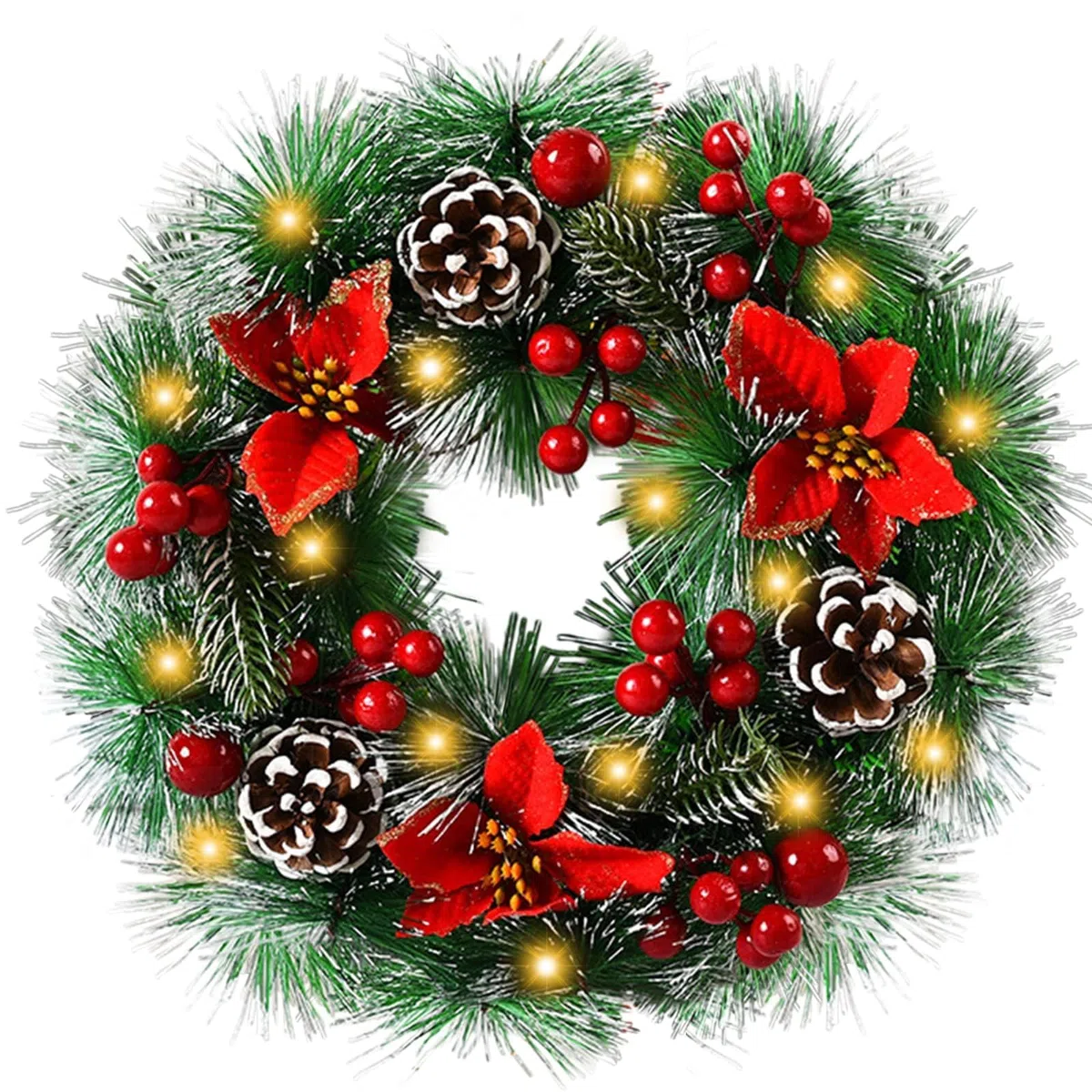 Ghirlanda di Natale (30 cm) Con LED, Fiocco, Palla di Natale, Fiocco di Neve, Bacche per Porta di Casa, Caminetto e Decorazione da Parete