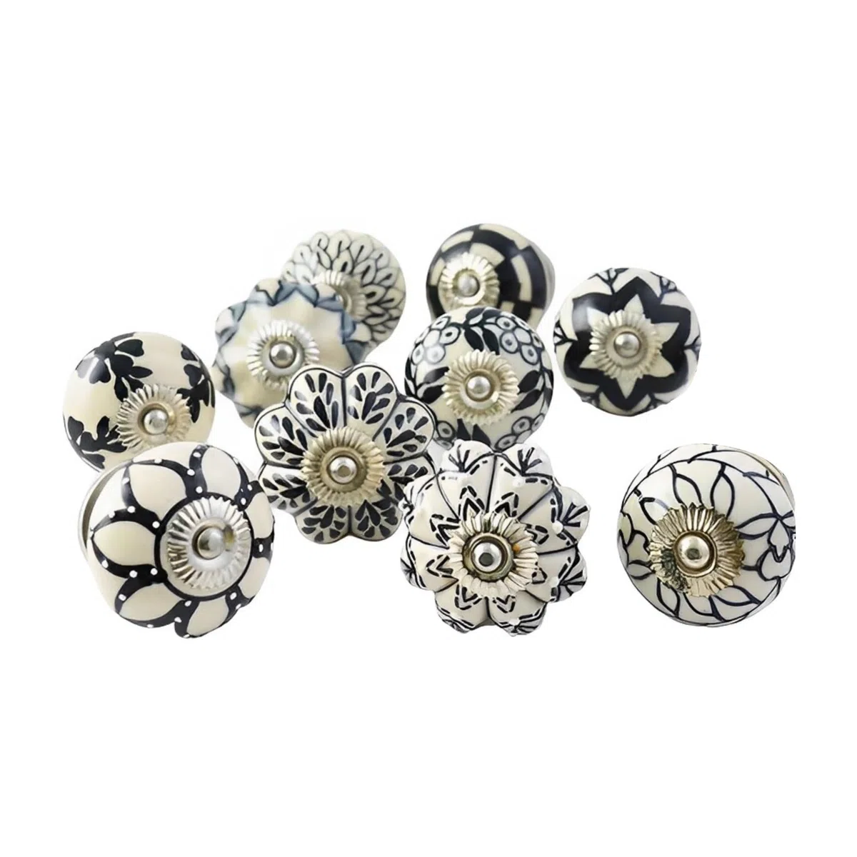 Ajuny Set da 20 Pomelli in Ceramica Bianco e Nero – Dipinti a Mano, Zucca e Rotondi – Maniglie Decorative per Mobili di Cucina e Bagno, Ante e Cassetti – Stile Vintage, Viti Incluse