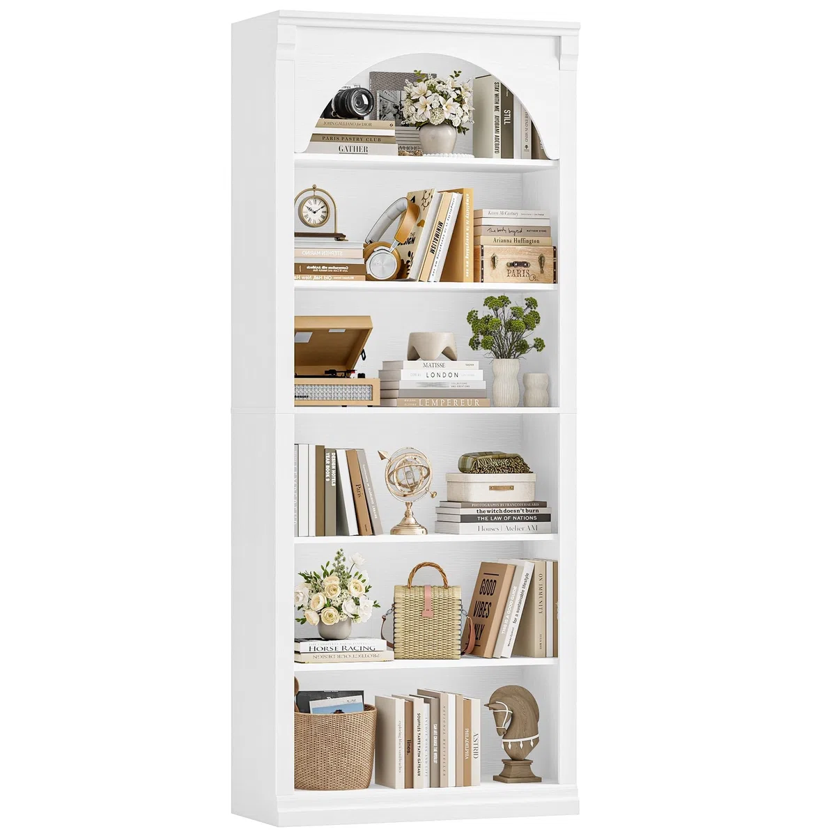 FirFurd Libreria Verticale, Libreria da Arco a 6 Ripiani, Scaffale Portaoggetti con Scomparti e Ripiani Aperti, per Soggiorno, Ufficio, Studio, Camera da letto, 75x27.7x186cm (Bianco)