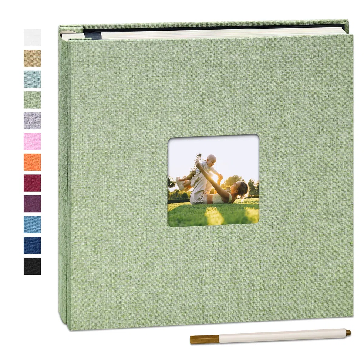 Album Fotografico Autoadesivo 28x27 cm, Scrapbook Fai da Te con 40 Pagine Bianche, Copertina in Lino, Album Foto per 10x15 13x18 20x25 cm, Regalo Famiglia Matrimonio Viaggi Erba Verde