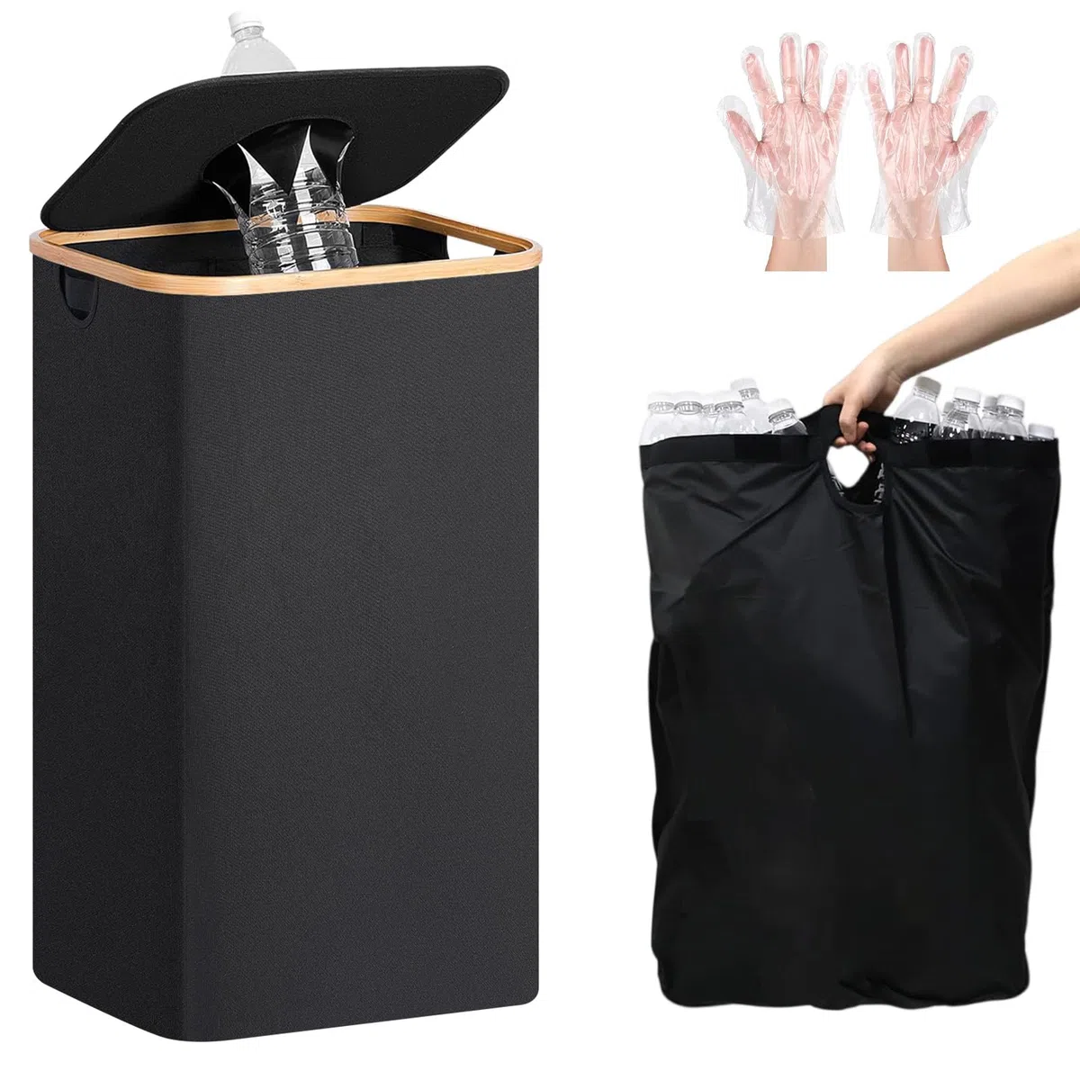 Conservazione Delle Bottiglie con Coperchio 110L,Contenitore per Bottiglie con 2 Borsa Interna Rimovibile,Contenitore Raccolta Bottiglie Deposito per Bottiglia e Bottiglie di Plastica, Nero