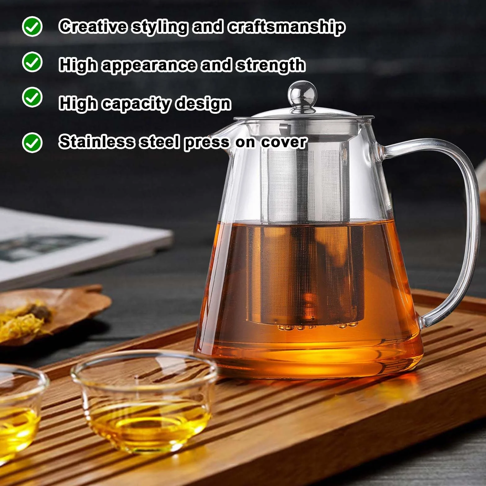 Teiera in Vetro Borosilicato da 1,3 Litri con Filtro e Protezione da Surriscaldamento per Foglie Sciolte, Ideale per la