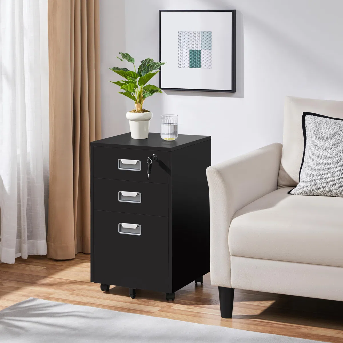 Yaheetech Cassettiera da Scrivania con 3 Cassetti Salvaspazio Archivio Schedario Portadocumenti Mobiletto da Ufficio Rimovibile con Ruote per Ufficio Studio (Nero)