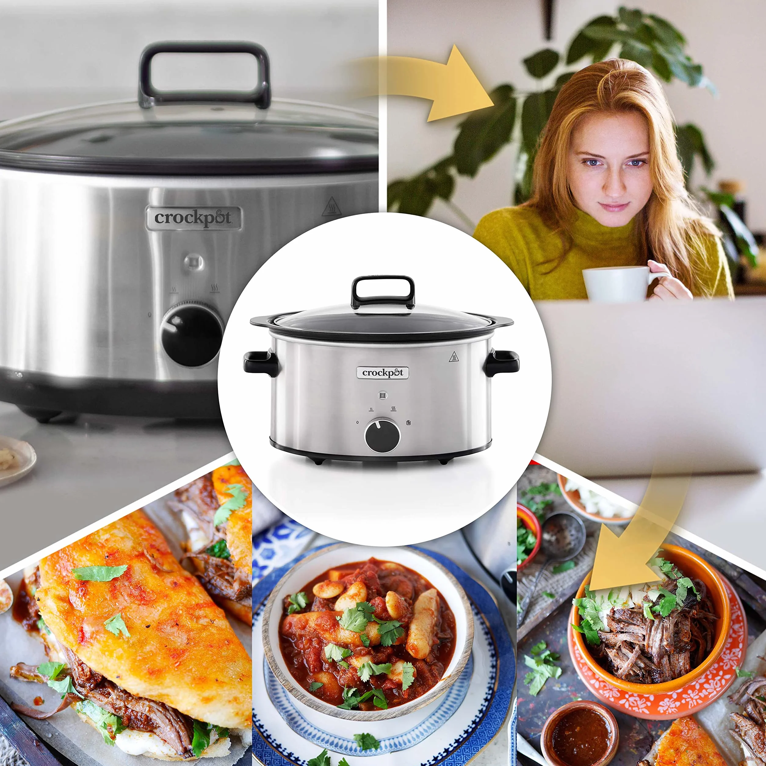 Crock-pot Pentola per Cottura Lenta, Slow Cooker, 3.5 Lt, fino a 4 Persone, Sizzle&Stew, Pentola interna in alluminio per rosolare sul fuoco, 2 Impostazioni Cottura e Funzione Warm, 210W max, Argento
