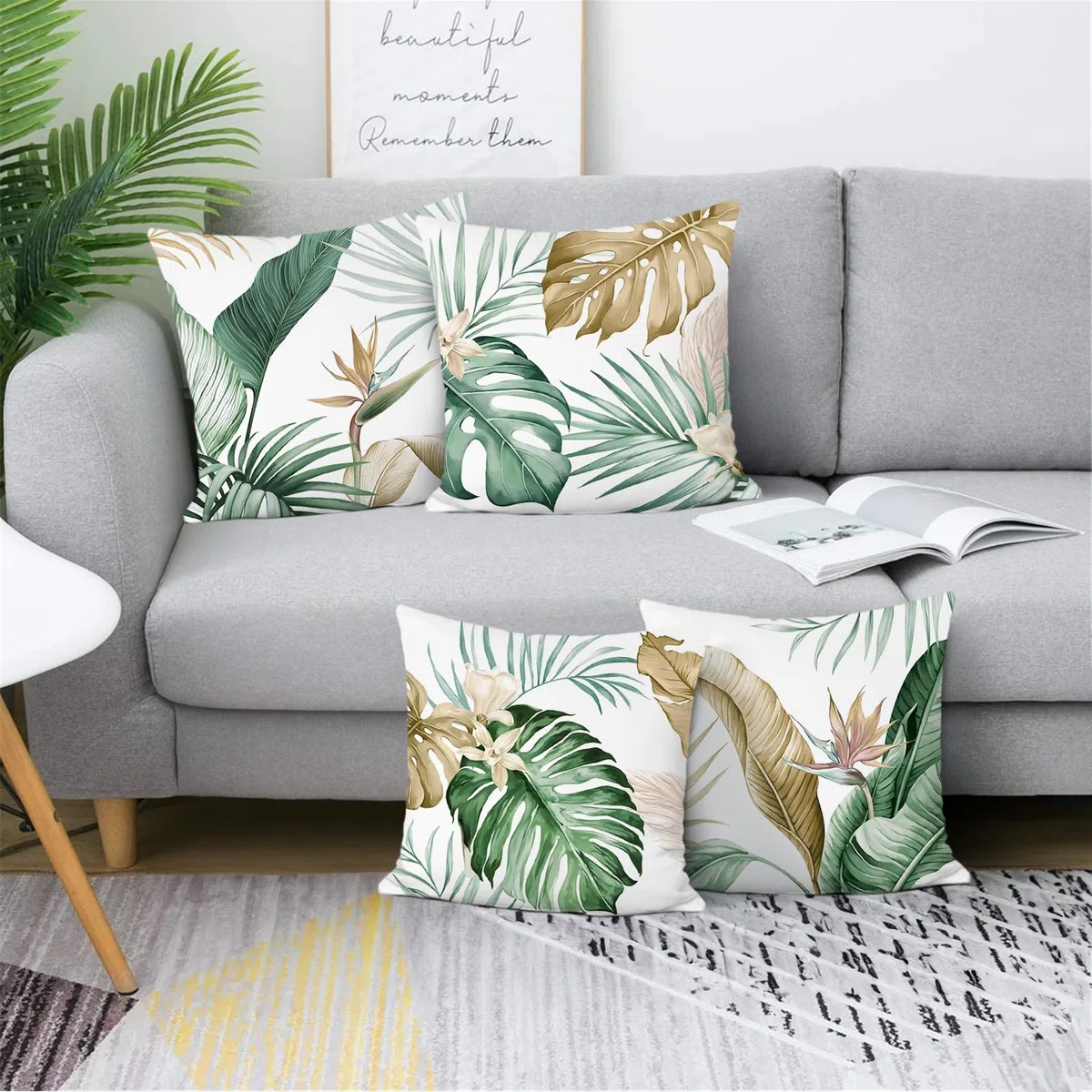 Bonhause Federe per Cuscini Foglie Tropicali 45 x 45 cm Copricuscini Foglia Verde Marrone Velluto Morbido Federa per Cuscino Divano Casa Giardino Decorazione Set di 4