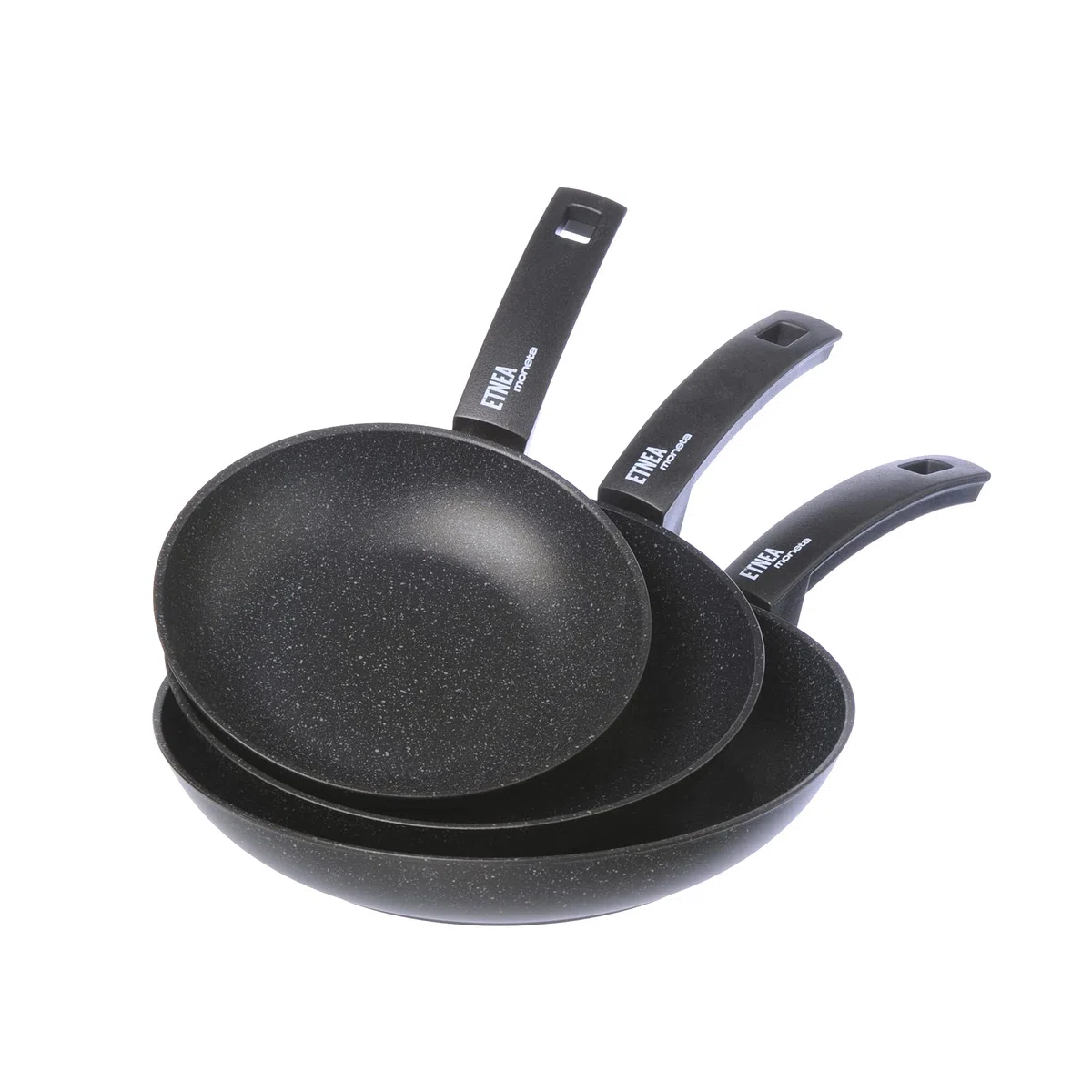 SET di PADELLE 20 + 24 + 28 CM MONETA ETNEA Padelle Antiaderenti Set Padelle in Alluminio Forgiato con Rivestimento Effetto Pietra Artech Stone Ultra senza PFOA Manici Bakelite - Made in Italy