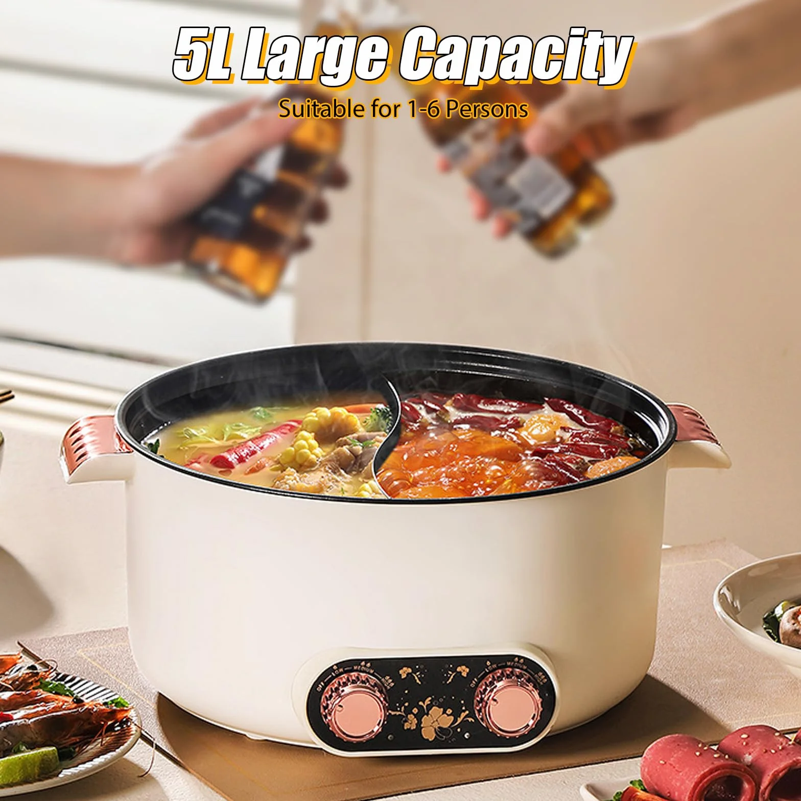 Pentola elettrica da 2 lati con due regolatori, 5 l, 1350 W, tre regolazioni di potenza, antiaderente multifunzionale, veloce per arrosti, ramen, fonduta