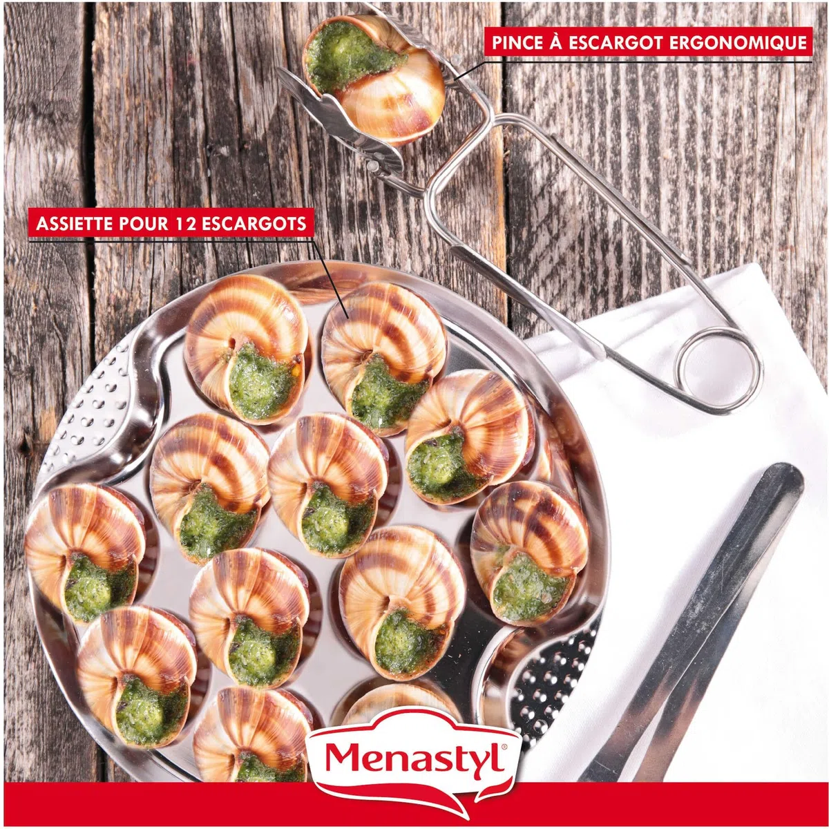 Menastyl 5040063 The Kitchenette-Servizio 18 Pezzi, 6 Piatti da 12 Ø 19 cm + 6 pinzette 6 forchette per lumache, Acciaio Inossidabile