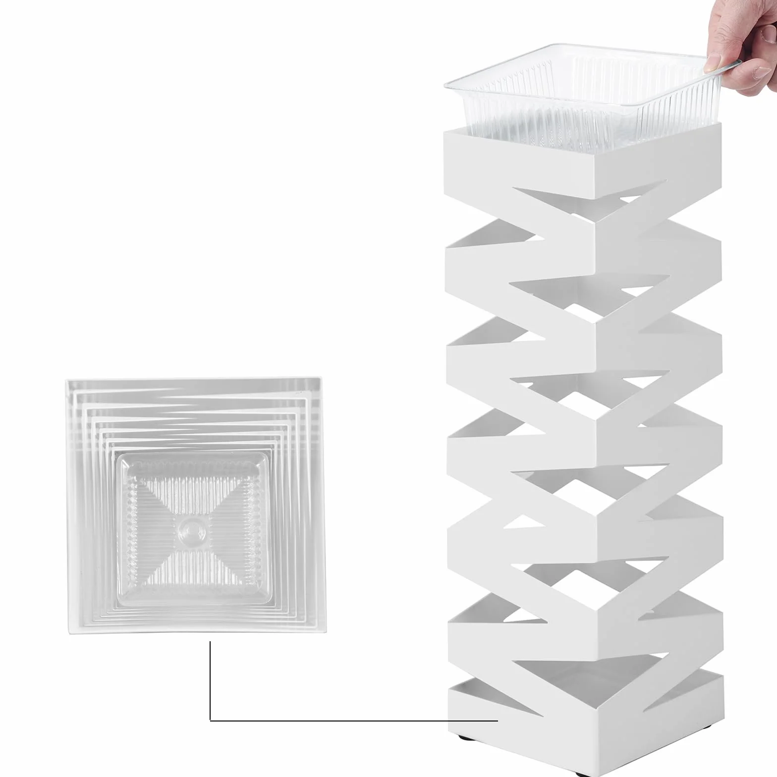SONGMICS Porta Ombrelli in Metallo, Contenitore per Ombrelli Quadrato con 4 Gancetti e Vaschetta Scolapioggia Rimovibile, 15,5 x 15,5 x 49 cm, Bianco LUC16W
