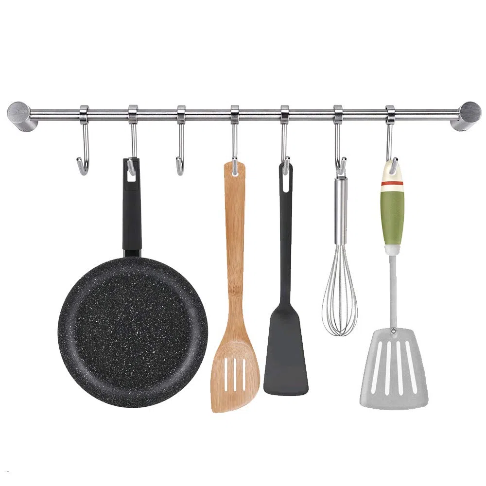 NACTECH Porta Utensili da Cucina Bagno in Acciaio Inox Barra Porta Mestoli, Padelle, Tazze, Ombrelli, con 7 Gancio Mobili Binario da Parete