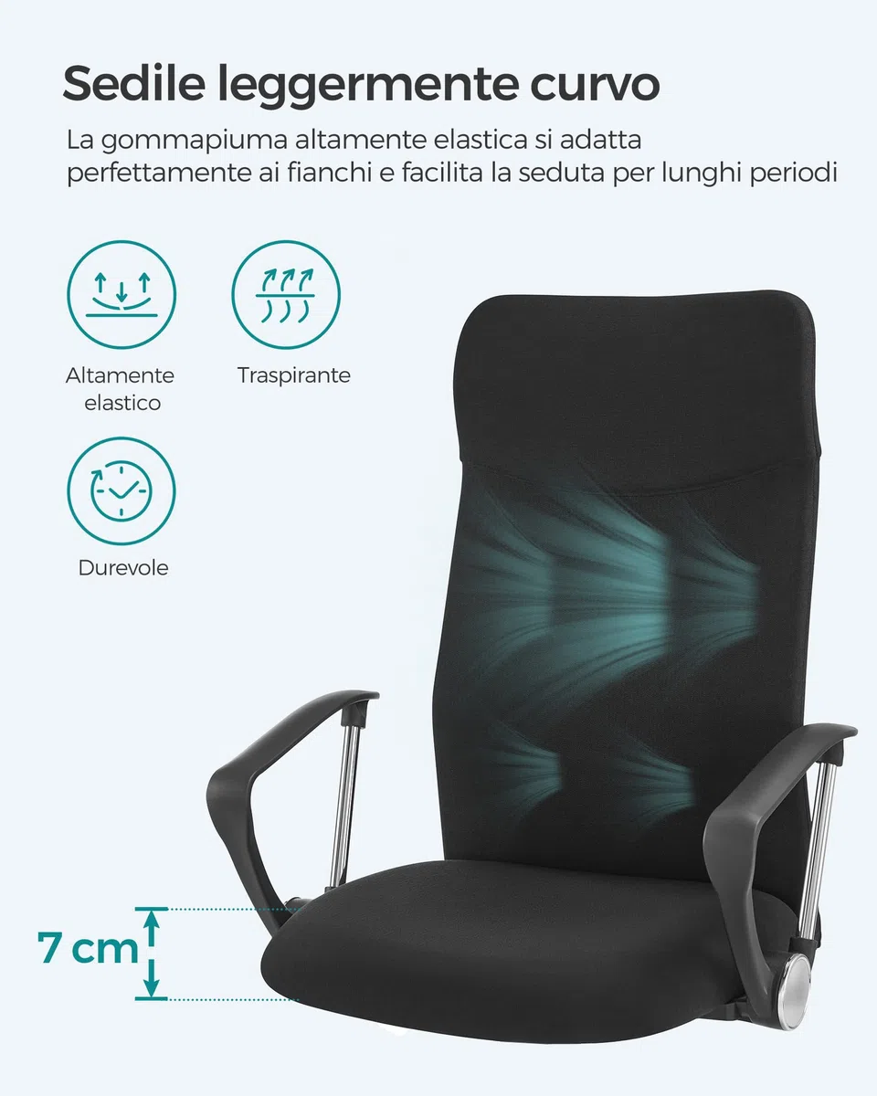 SONGMICS Sedia da Ufficio, Sedia da Scrivania Ergonomica, Girevole, Seduta Imbottito, Regolabile in Altezza e Inclinabile, Portata di 120 kg, Nero OBN034B01