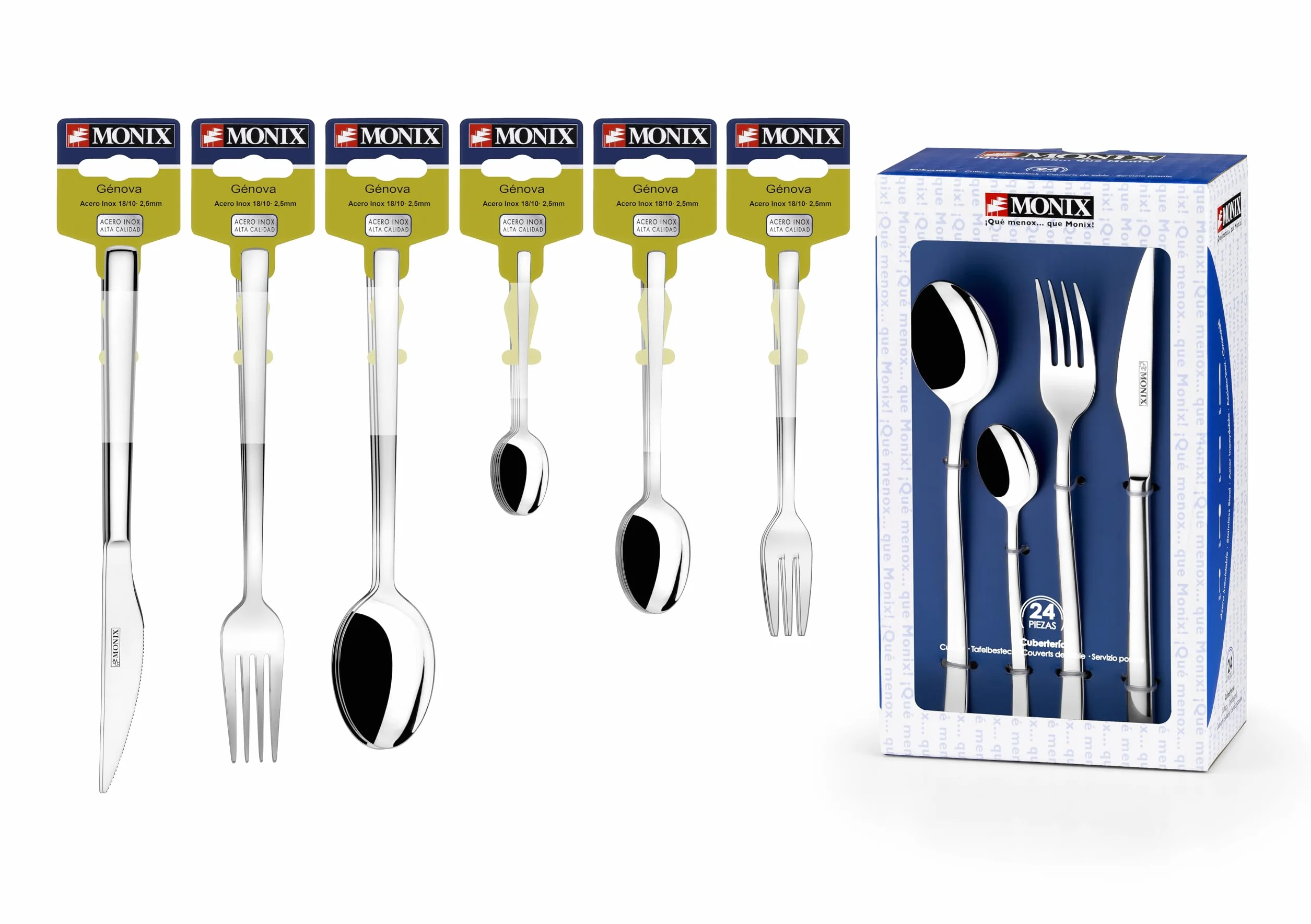 MONIX Génova | Set di posate di 24 pezzi con coltello da bistecca, acciaio inossidabile 18/10, design all'avanguardia e moderno, finitura lucido brillante, spessore 2.5 mm (6 persone)