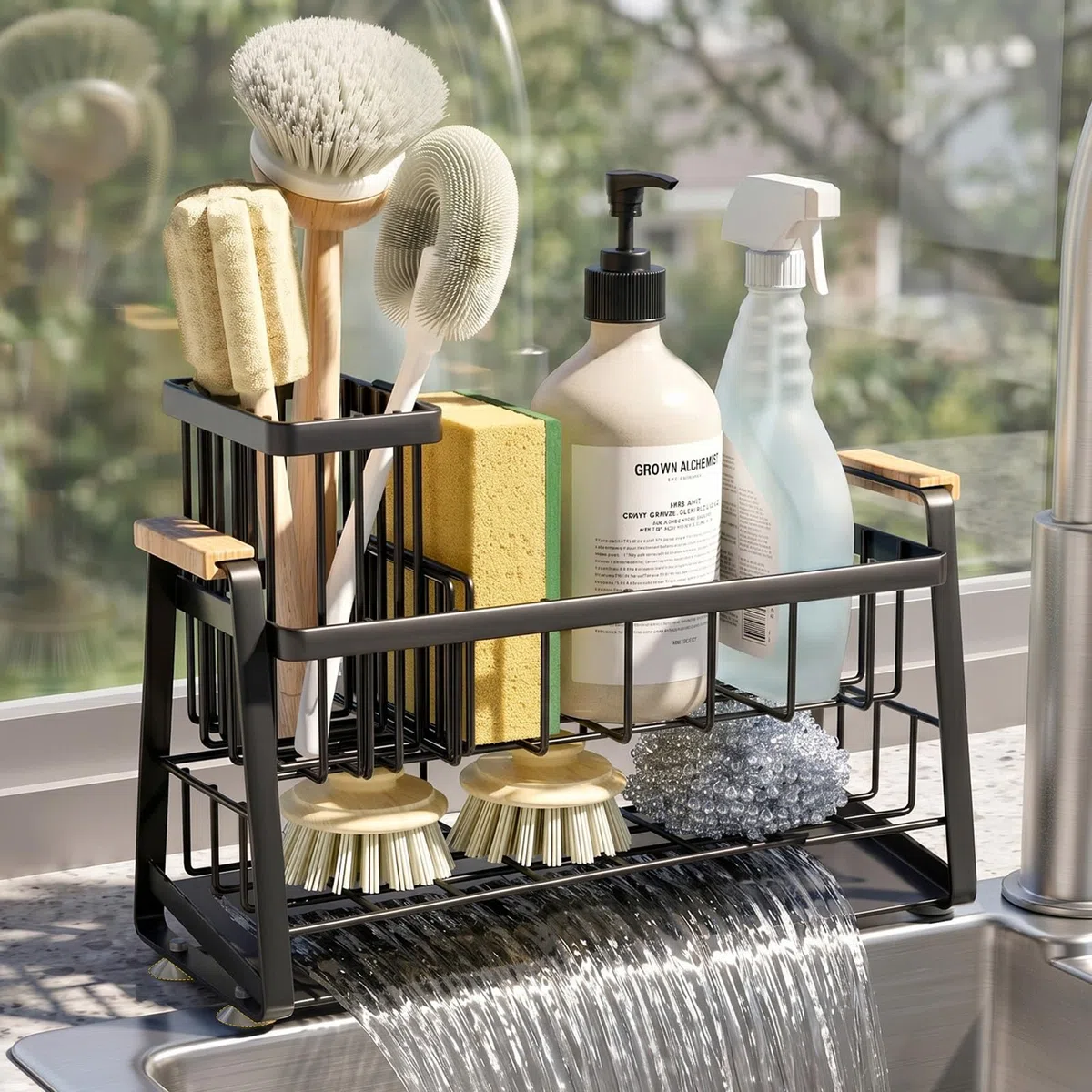 Housolution Portaspugna per Lavello Cucina, Organizer per Lavello 2 Livelli con Portaspazzole Alto e Flessibile, Accessori per Stoccaggio del Piano Cucina, Porta Dispensatore di Sapone, Antiruggine