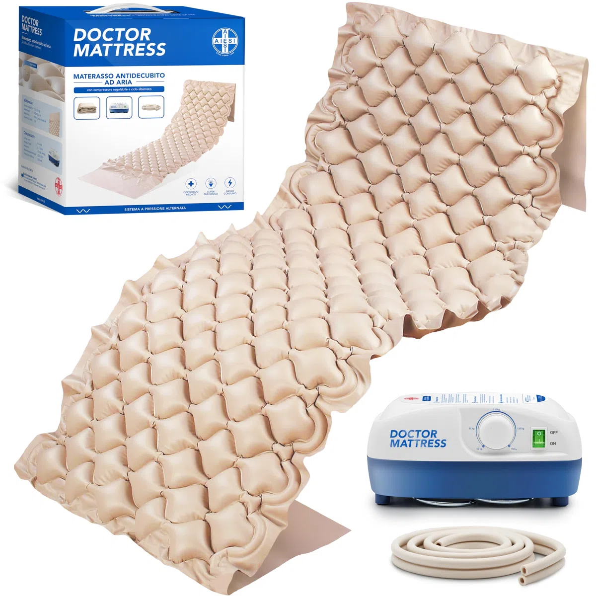 AIESI® Materasso Antidecubito a bolle d'aria con compressore regolabile a ciclo alternato DOCTOR MATTRESS, 130 Celle, Portata 150 Kg, Super-silenzioso, Kit di riparazione, Garanzia Italia 24 mesi