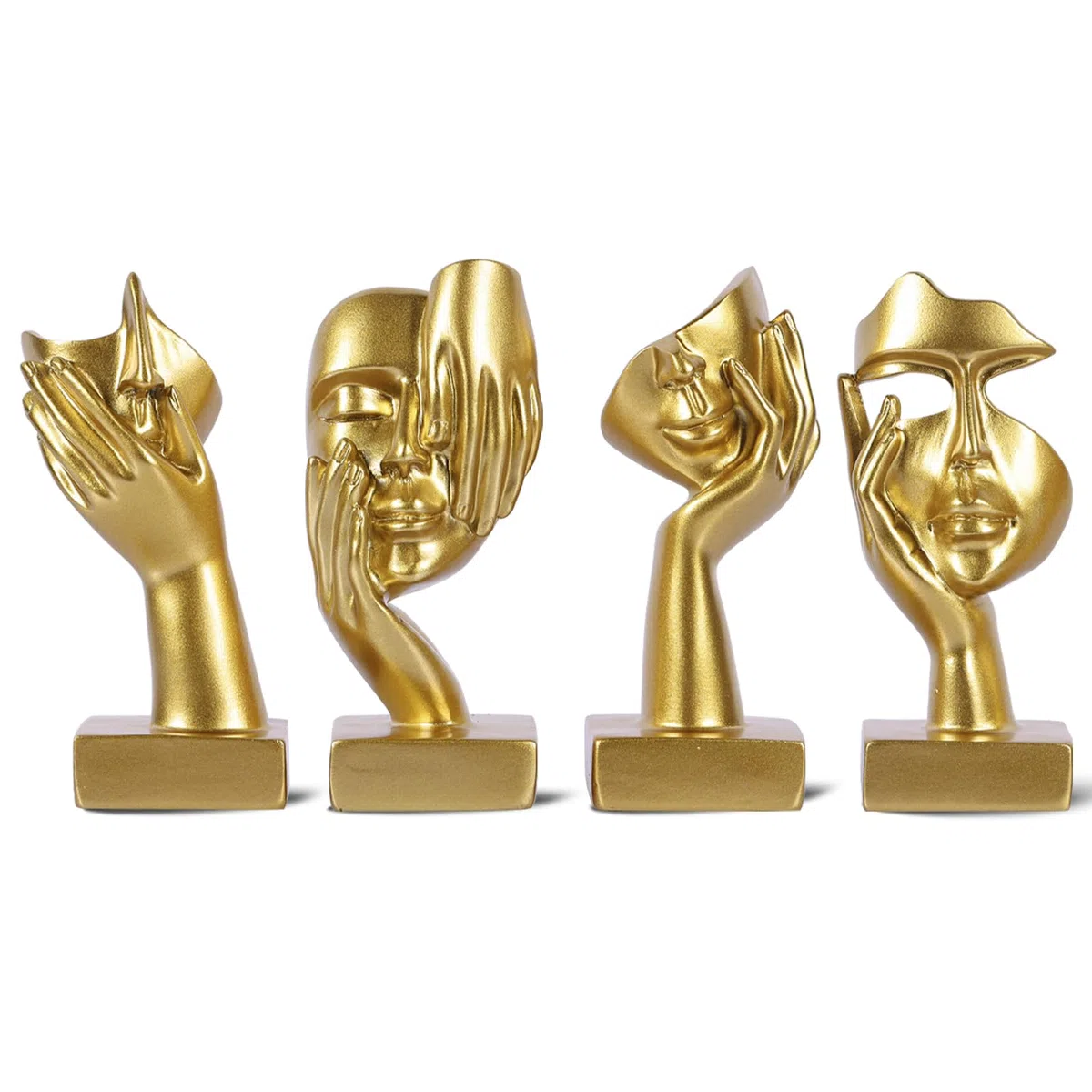 Set di 4 statuette dorate astratte, scultura moderna design per soggiorno, oggetti decorativi per casa, decorazioni libreria, statuette per scaffale, scrivania e tavolino (Oro)