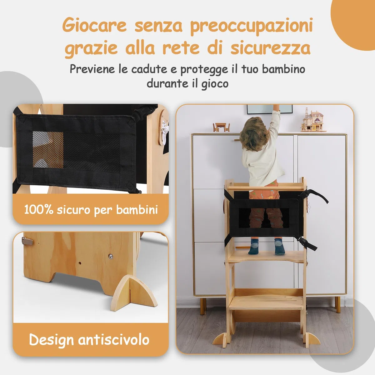 Olvy Kids 3 in 1 Montessori - Torre di apprendimento pieghevole - Scaletta in legno - 3 gradini - Torre da cucina per bambini - Torre di apprendimento in piedi a partire da 1 anno - Scala per bambini