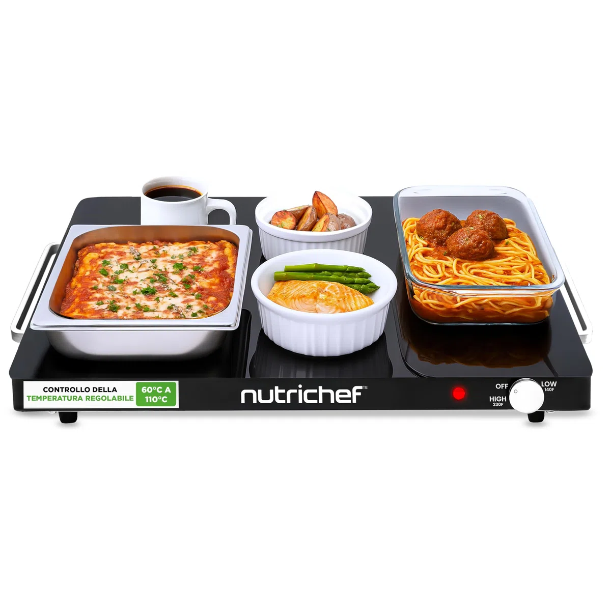 NutriChef Piastra Elettrica, Scalda Cibo Elettrico Portatile, per Tortillas, Buffet, Ristorante, Festa, Cena, Casa e Cucina, Vetro, 60–110 °C, 54 × 42 cm, Nero