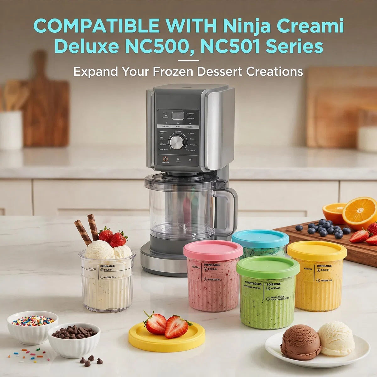 Set di 4 contenitori per ninja CREAMi Deluxe, 24oz Ice Cream Pints con coperchi colorati, inclusi 4 mini cucchiai e porzionatori per gelato in acciaio inox, senza BPA, lavabili in lavastoviglie