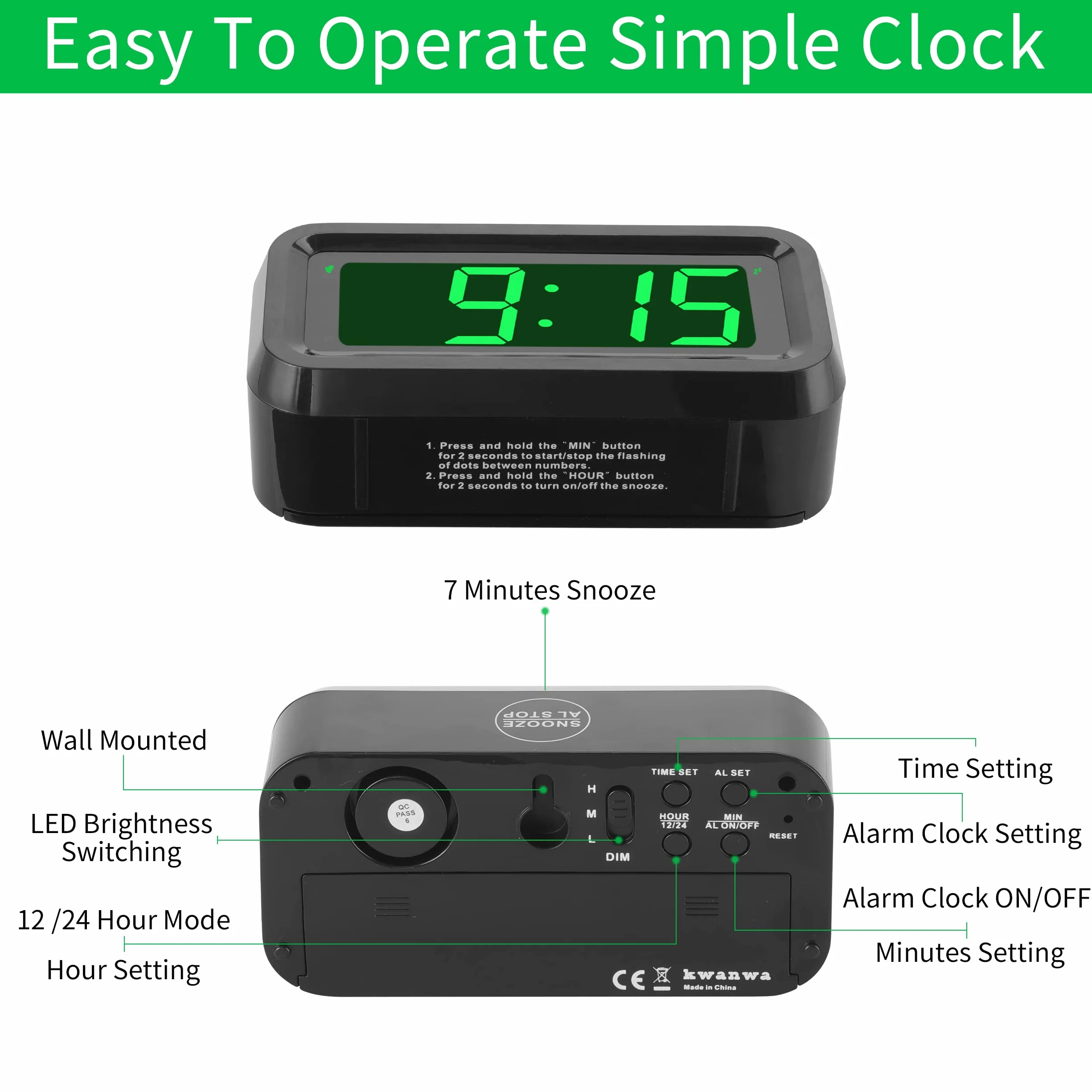 KWANWA Sveglia Digitale,Sveglia da Comodino,LED Sveglia con Grande 1.2 '' Time Display LED, Batteria AA Alimentato Solo, Funzione Snooze, Senza Ticchettare (Display verde)