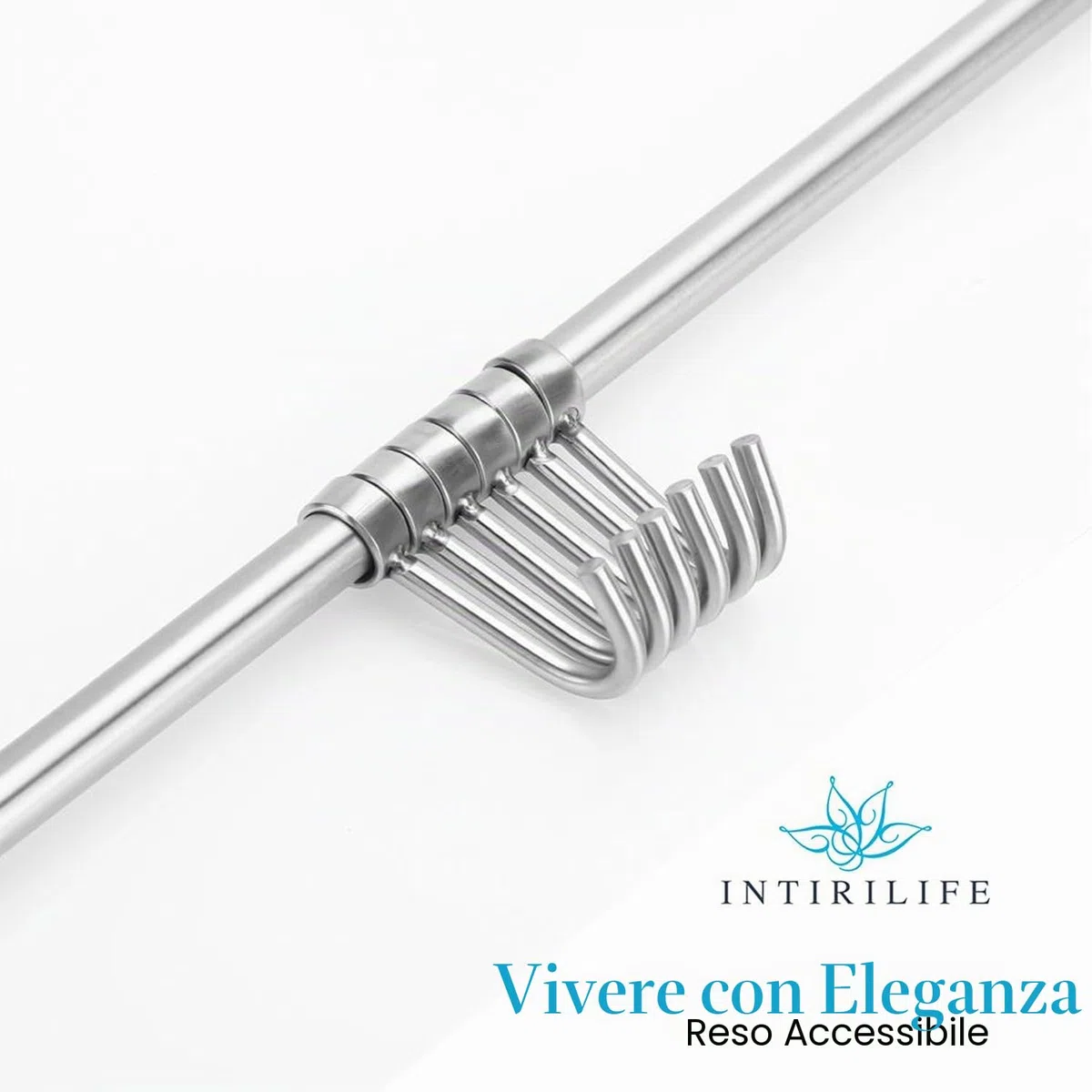 Intirilife Appendiabiti per la Cucina in Acciaio Inox con 6 Ganci mobili da forare - 35.8 x 3.4 x 2.2 cm - ringhiera Cucina Gancio Porta Utensili Cucina Asta Porta Bicchieri da Parete