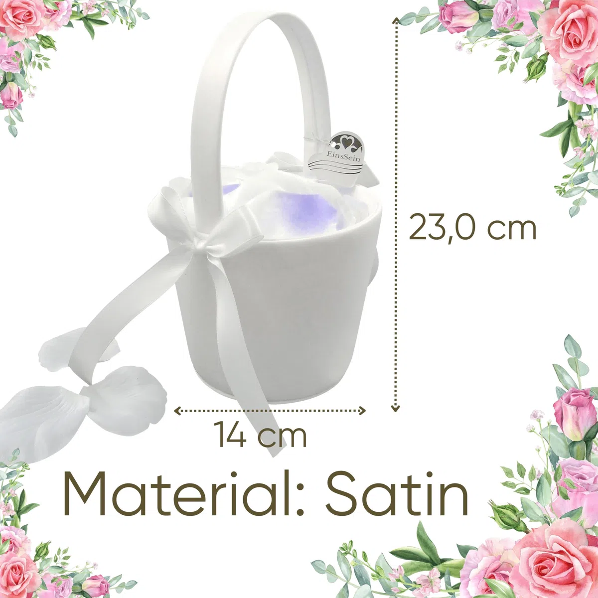EinsSein Set 2 Cestini Matrimonio Anna Crema 17x26x13 cm | Cesti in Vimini con Manico e Raso | Porta Petali Fiori Confetti | Damigella Sposa Bambina Cuore Decorativo Elegante