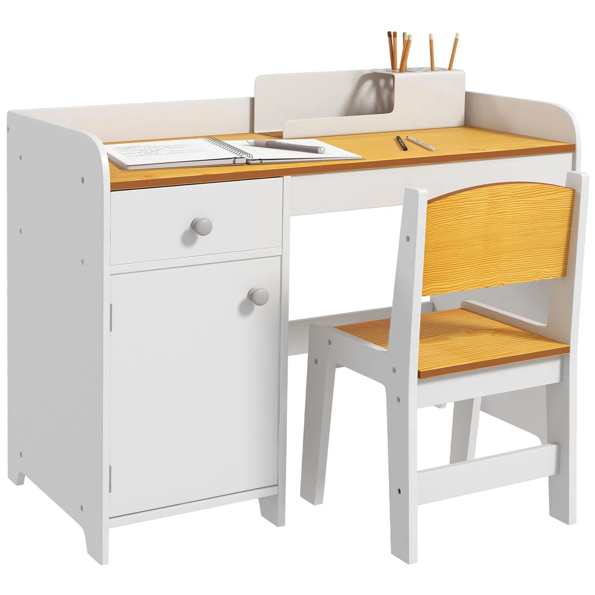 ZONEKIZ Tavolo Scrivania per Bambini con Sedia, Banco Scuola per Bambini da 3 a 6 Anni in Legno con Cassetto e Seggiola Abbinata, Bianco