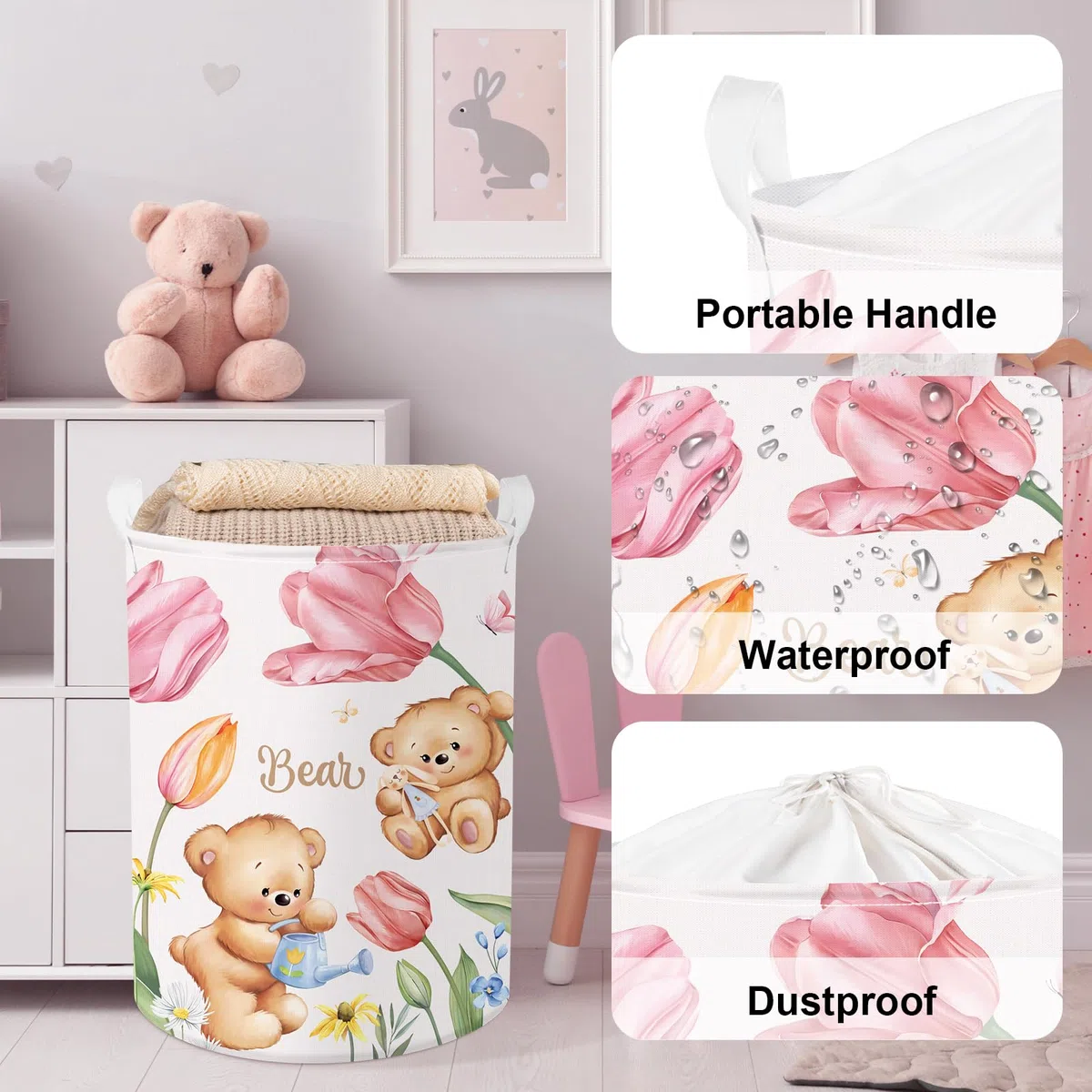 Clastyle Ceste Biancheria Orso Fiore Tulipano Rosa Cestino Portaoggetti Giocattoli Tondo Pieghevole per Camera dei Bambini, Orso tulipano, 36x45 cm