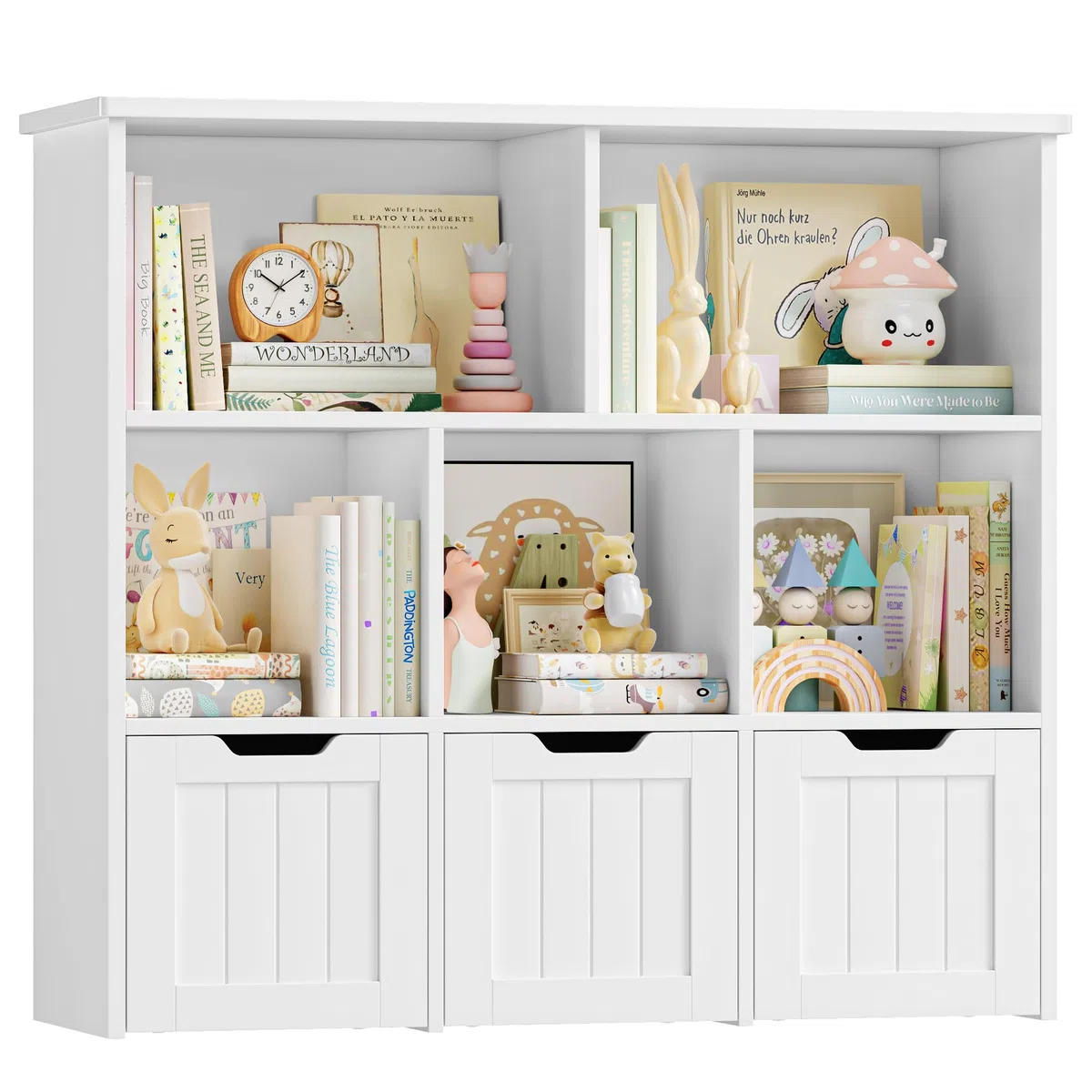 FOREHILL Scaffale Portagiochi Bambini, Libreria Montessoriana per Bambini Con Ruote Girevoli a 360°, 3 Cassetti, 5 Scomparti Aperti, per Cameretta Bambino e Stanza dei Giochi 100x33x89.5cm (Bianco)