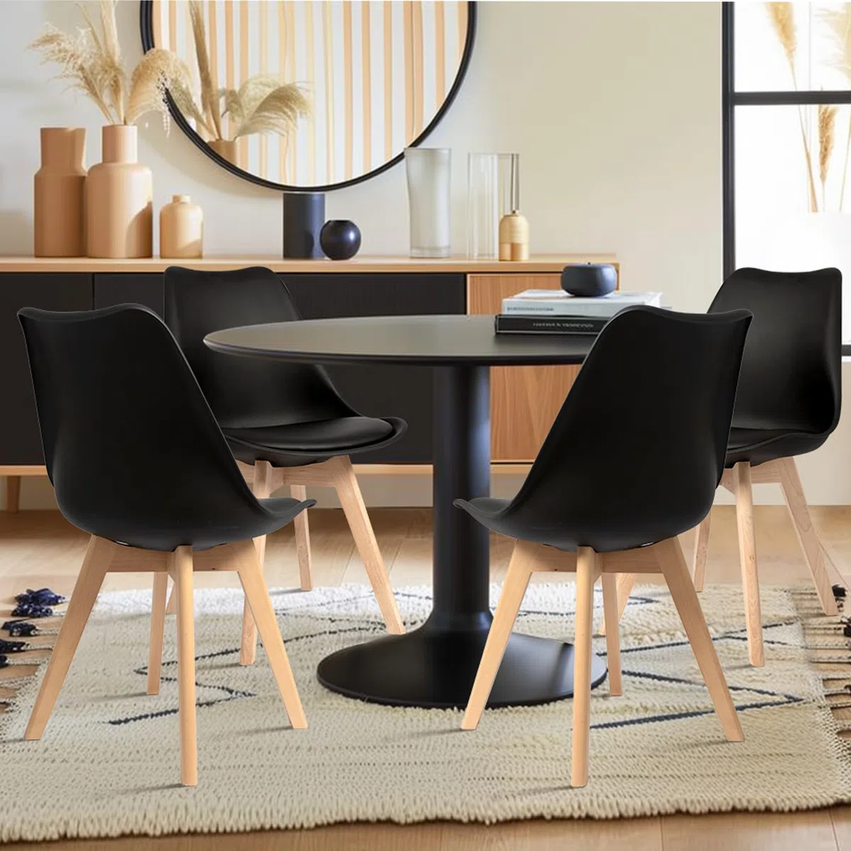 CangLong Set di 4 sedie da ufficio con gambe in legno massiccio di faggio, sedie imbottite dal design retrò del Mid Century per la cucina, la sala da pranzo e il soggiorno, nero