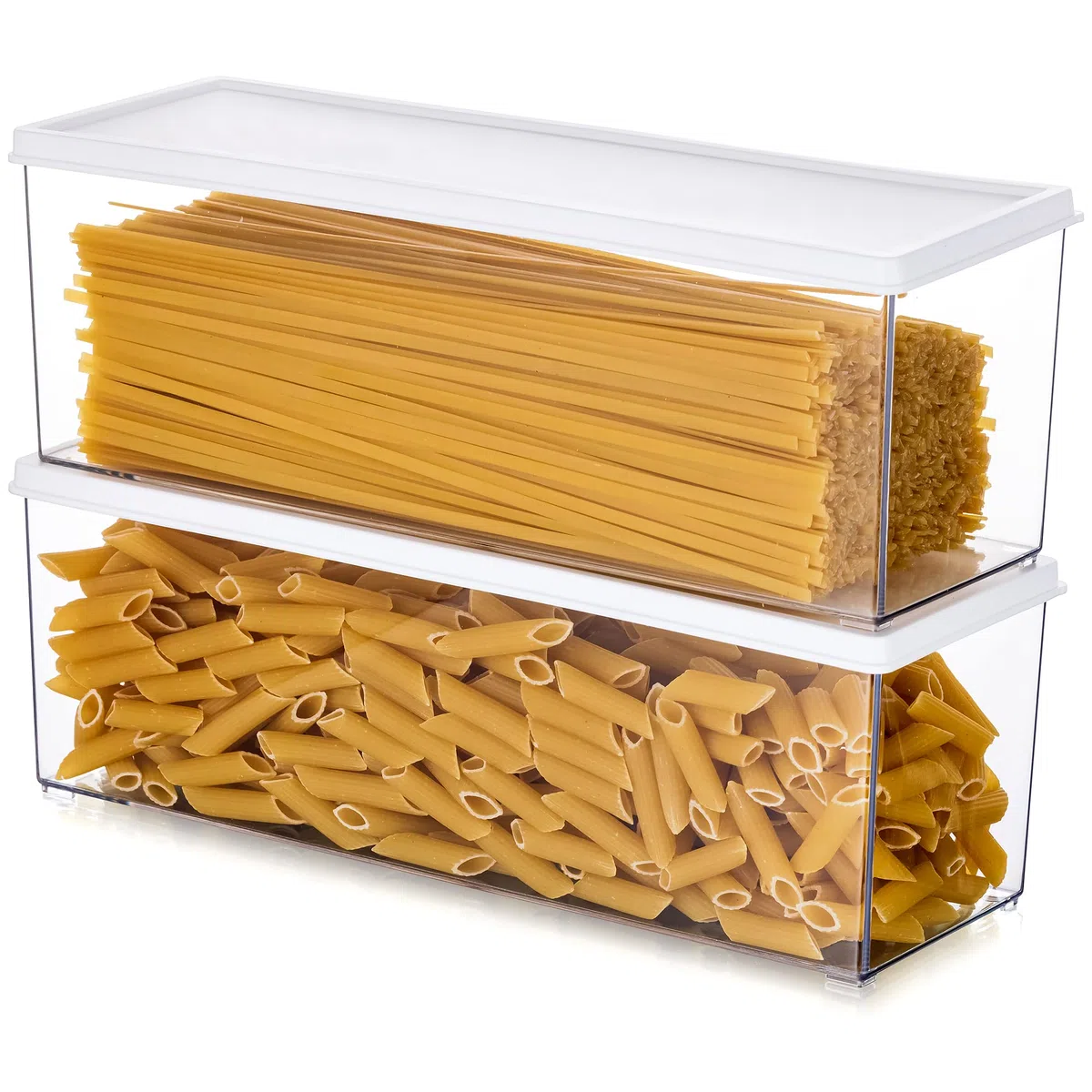 Hanobe Contenitori per pasta per dispensa, grandi contenitori per spaghetti, noodle e lasagne, 2 contenitori rettangolari in grigio trasparente con coperchio di chiusura, cucina, piano di lavoro