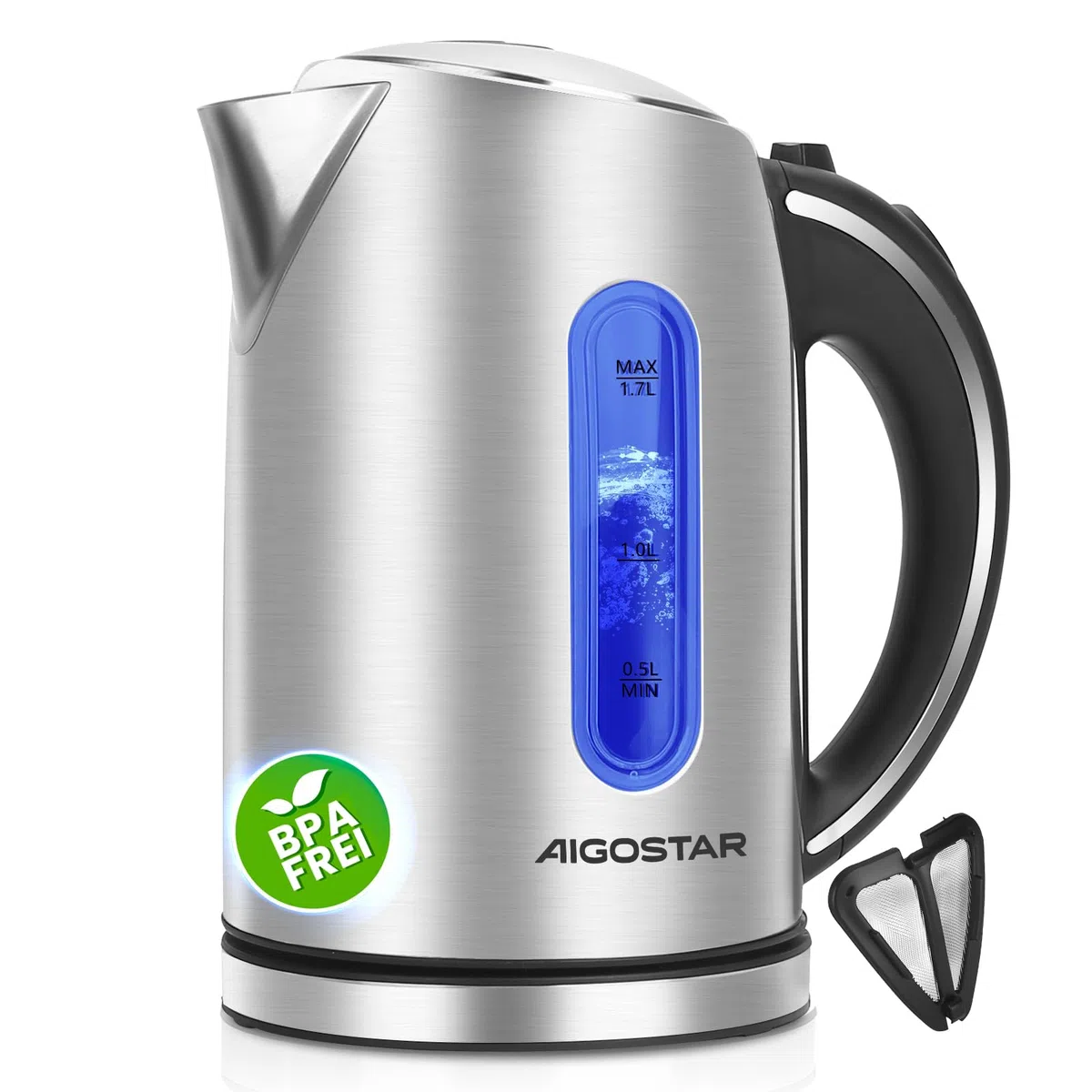 Aigostar Bollitore Elettrico Acciaio Inox 1,7 Litri - Bollitura Rapida Bollitore Acqua Elettrico 2200W, illuminazione a LED per il Livello Dell'acqua, Senza BPA, Con Filtro, Spegnimento Automatico