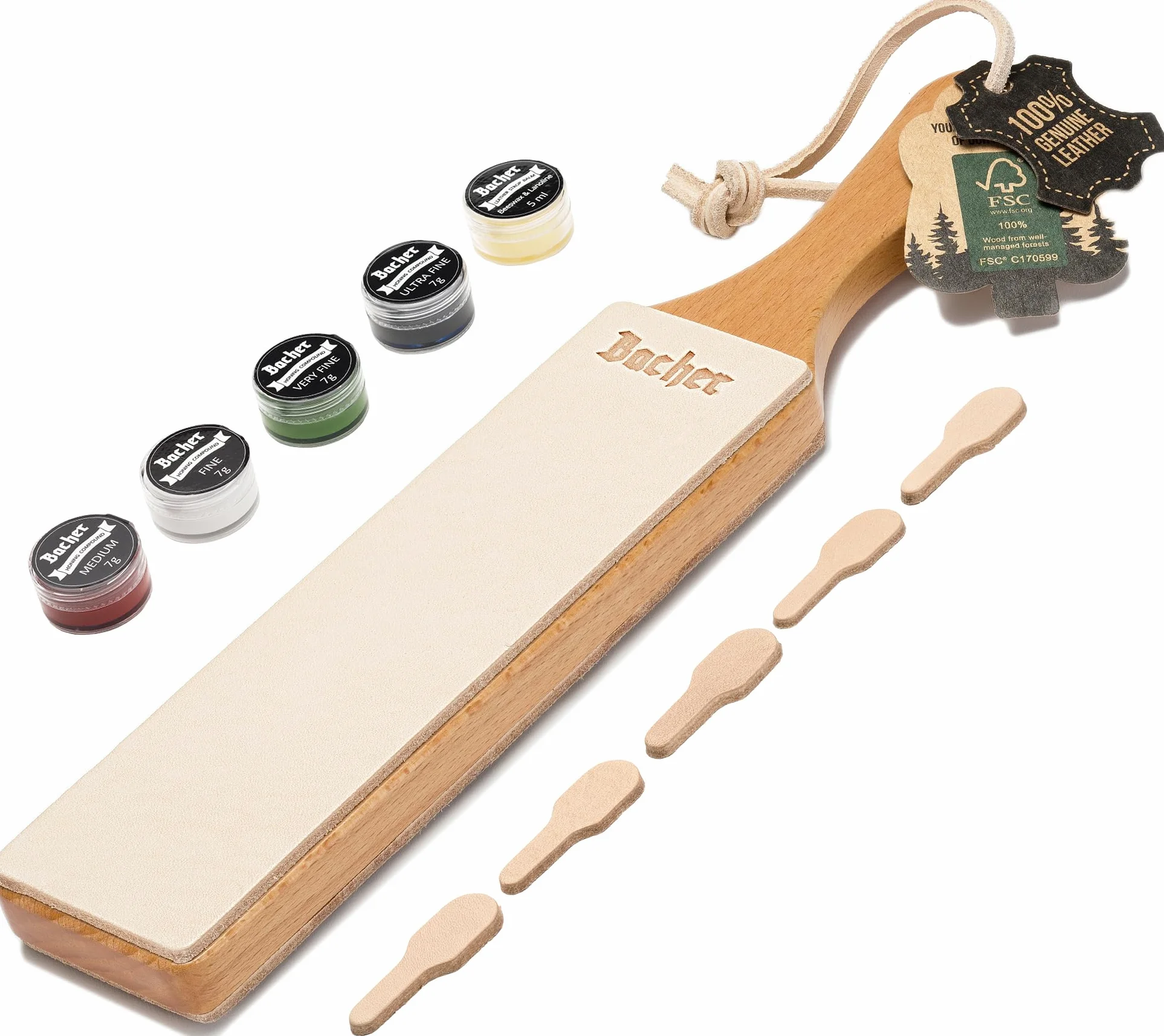 Bacher Coramella in Pelle per l’affilatura di Strop. Manico a paletta in legno massiccio rivestito in cuoio conciata al vegetale spesso 3 mm. Include 4 kit compound di levigatura.
