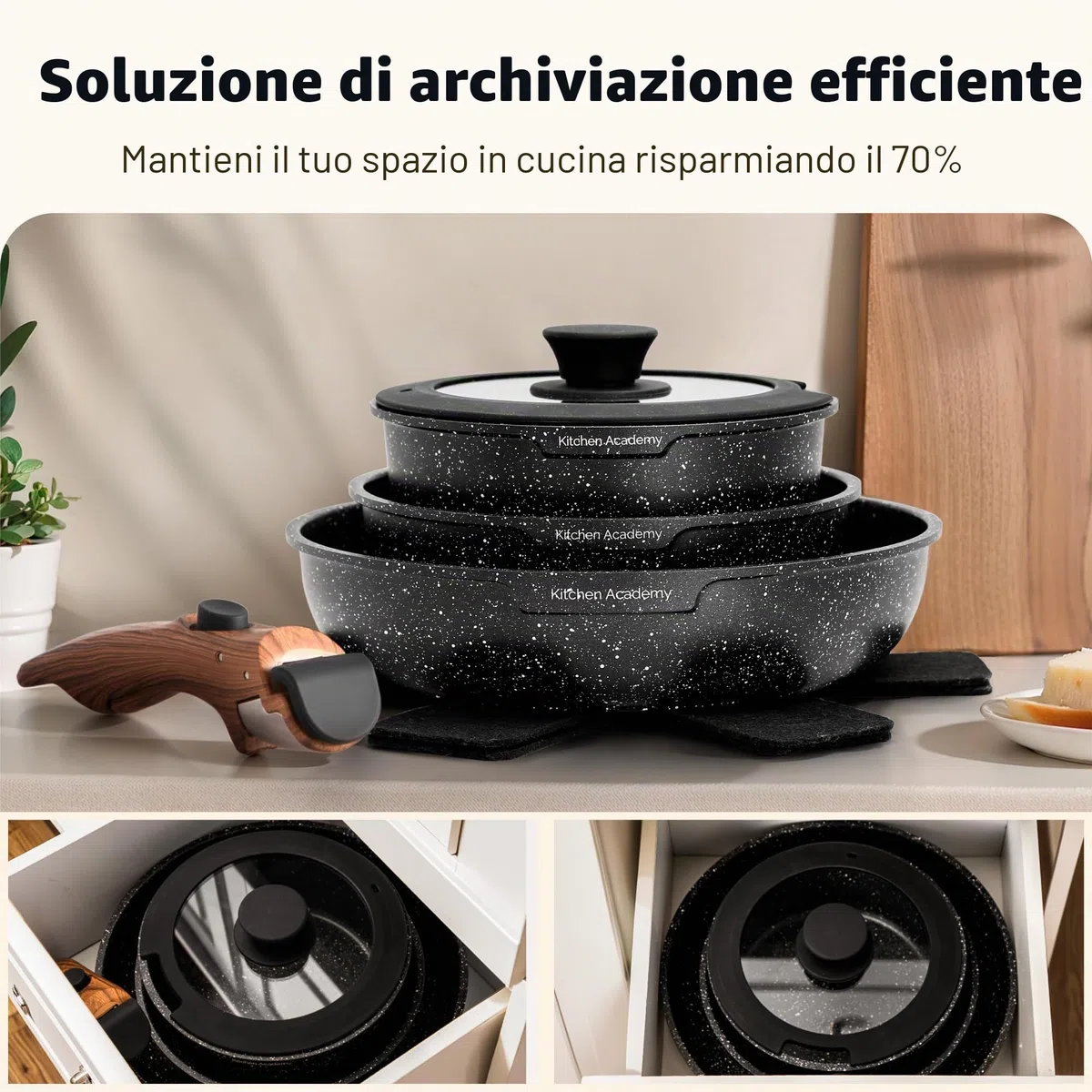 Kitchen Academy Set di pentole da 10 pezzi, Set di pentole e padelle con coperchi in vetro, Rivestimento in marmo, Rivestimento antiaderente, Adatto all'induzione, Manico liscio venato (Nero)