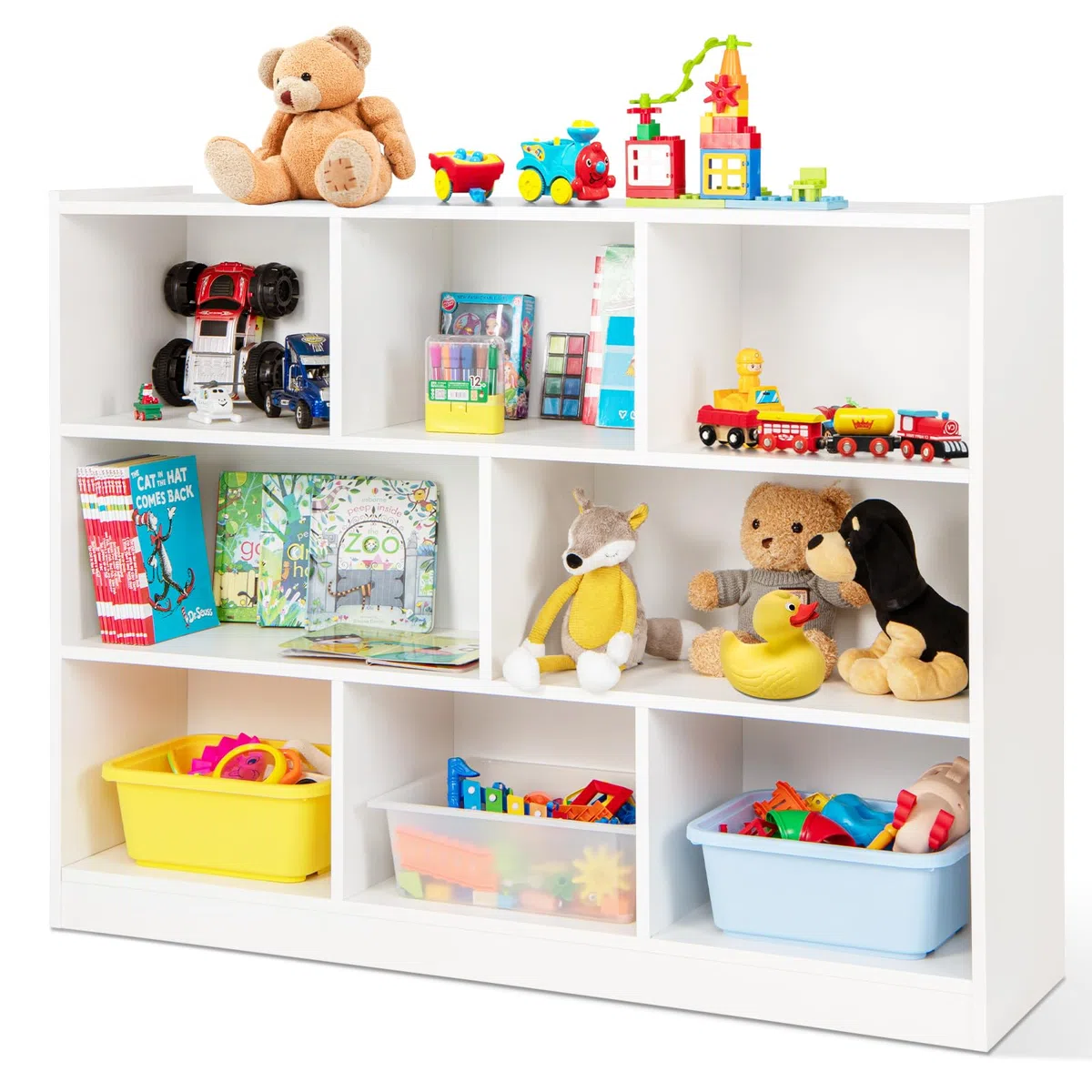 HOMASIS Scaffale per Bambini a 3 Livelli, Libreria per Bambini a 8 Scomparti, Organizzatore Portagiochi in Legno, Mobile Cameretta Multiuso per Libri, Giochi, 122 x 32 x 93 cm (Bianco)