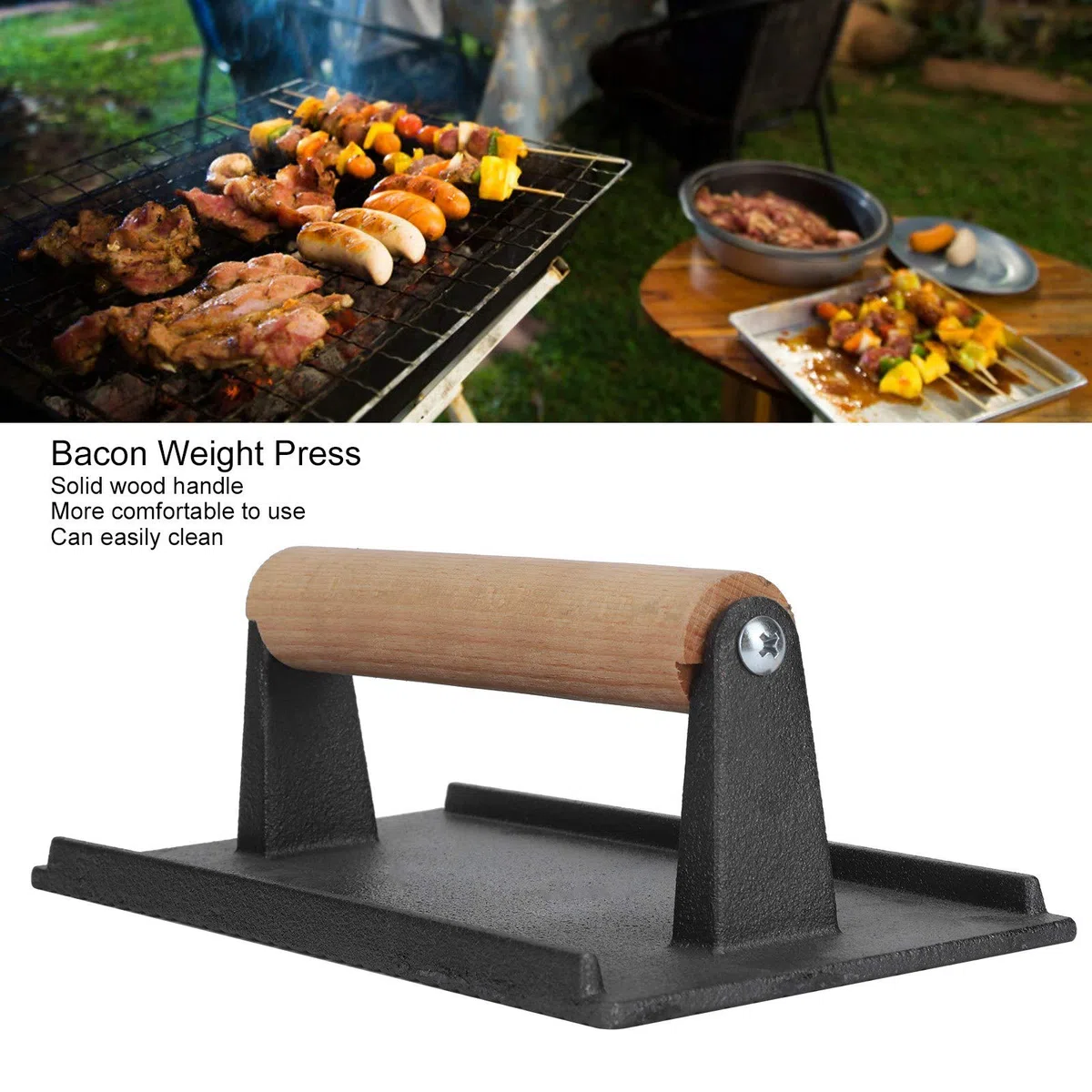 Pressa per Griglia in Ghisa da 8,3 Pollici, Pressa per Hamburger con Pancetta E Pancetta, Pressa per Barbecue con Manico in Legno per Bistecche al Barbecue, Panini, Panini E Carni