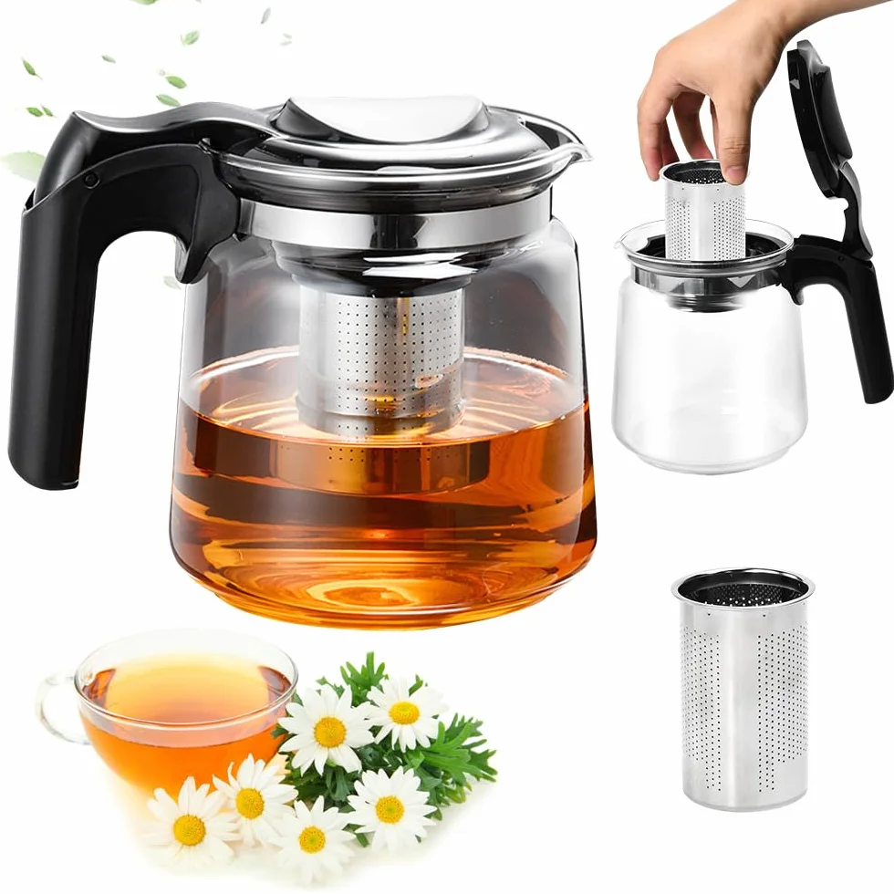 Teiera in Vetro con Colino da 1.5L,Teiera con Filtro e Coperchio,Bollitore da Cucina con Filtro in Acciaio Inox per Foglie di tè Sfuso,Tisane,caffè