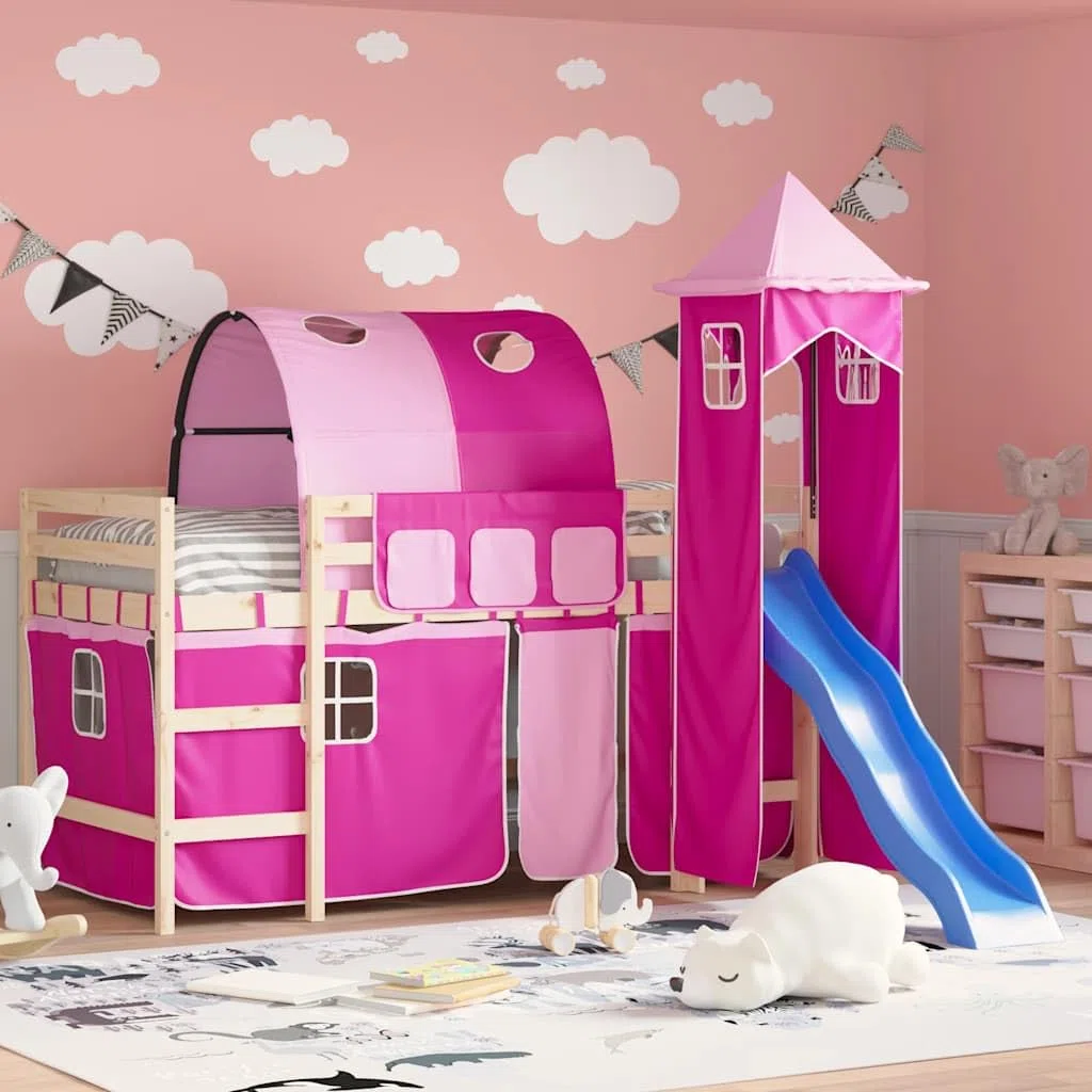 vidaXL Tende per letto a soppalco bambini, Rosa, con tunnel e torre, Tenda oscurante, Baldacchino, Tenda privacy sotto letto, Tenda da gioco, Arredo cameretta