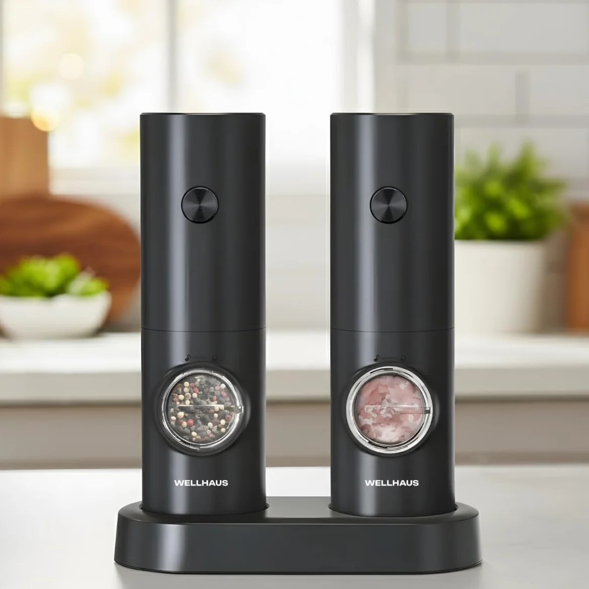 Macinasale e macinapepe elettrica – Set di 2 Macinasale e macinapepe a batteria con base, set di macine per spezie e sale, set di macine con luce LED e regolazione della grana, Nero