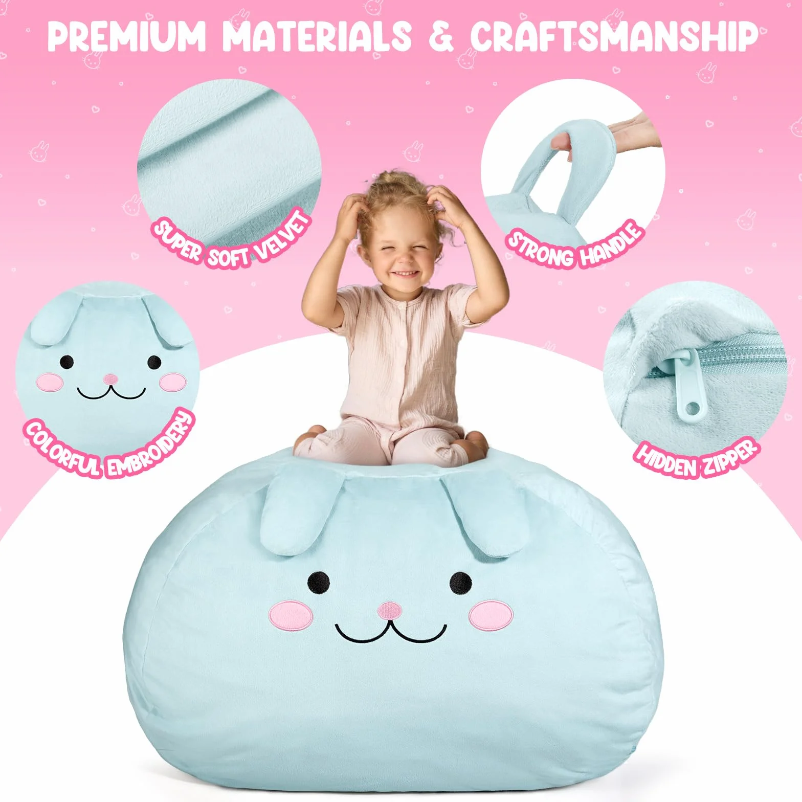 GAGAKU Pouf Peluche Coniglio 200L-XXL,Borsa Portaoggetti per Giocattoli Peluche Cameretta dei Bambini,Sacco Porta Peluche Grande Coniglio con Chiusura Lampo per Organizzare–Blu