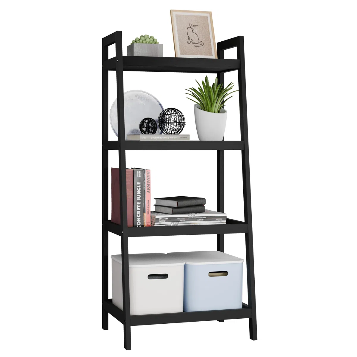 SMIBUY Libreria a scala in bambù, organizer per rack da bagno, espositore per piante autoportante a 4 e 5 livelli Scaffali salvaspazio per camera da letto, cucina (Nero, 4 livelli (99cm H))