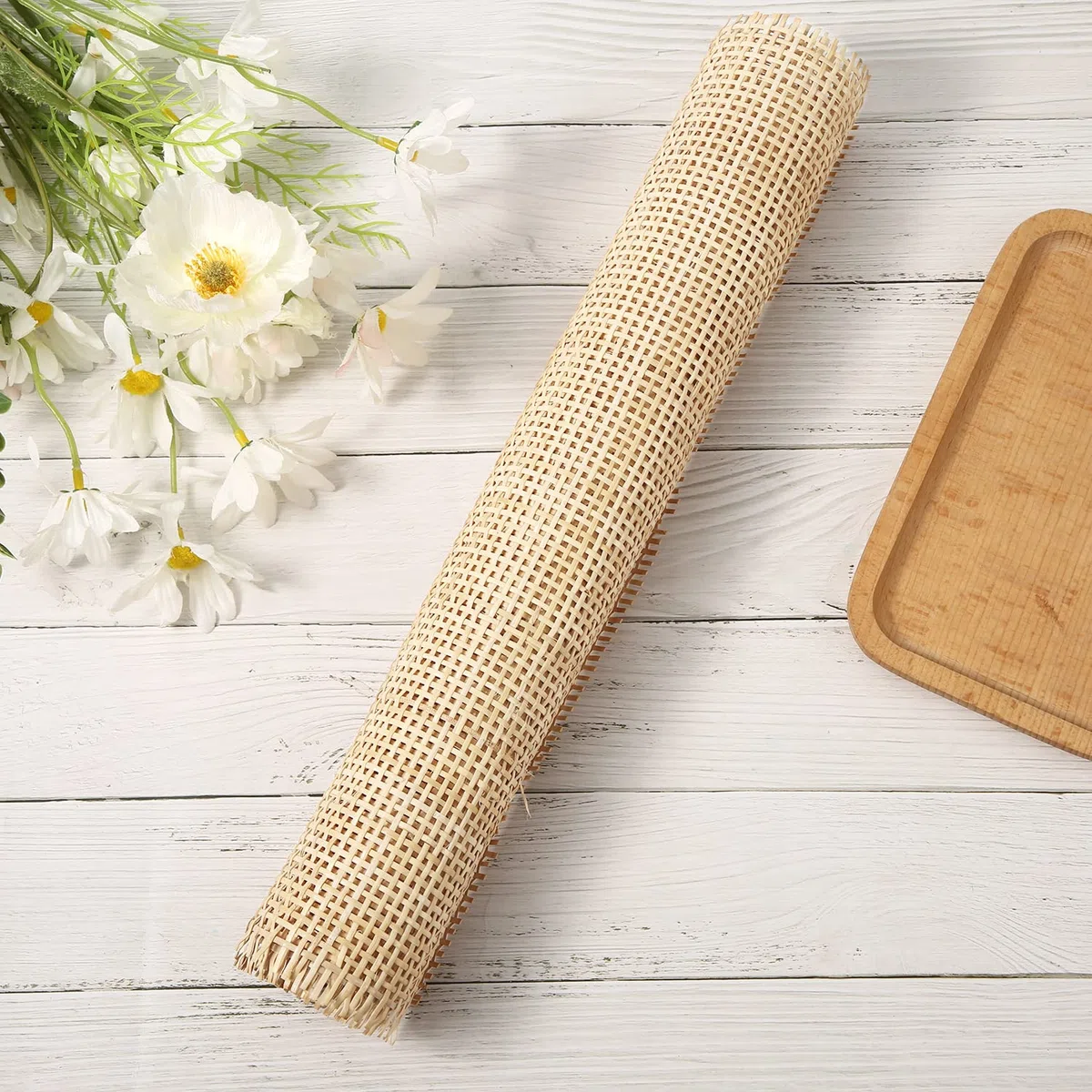 Rattan Naturale Rotolo, 1x0,35m Rete di Canna Rattan Rotolo di Fettuccia in Rattan per Progetti di Fustigazione Vuoto Quadrato Fettuccia Rattan per Fai-da-te Armadio Sedia Mobili (Sbiancato)