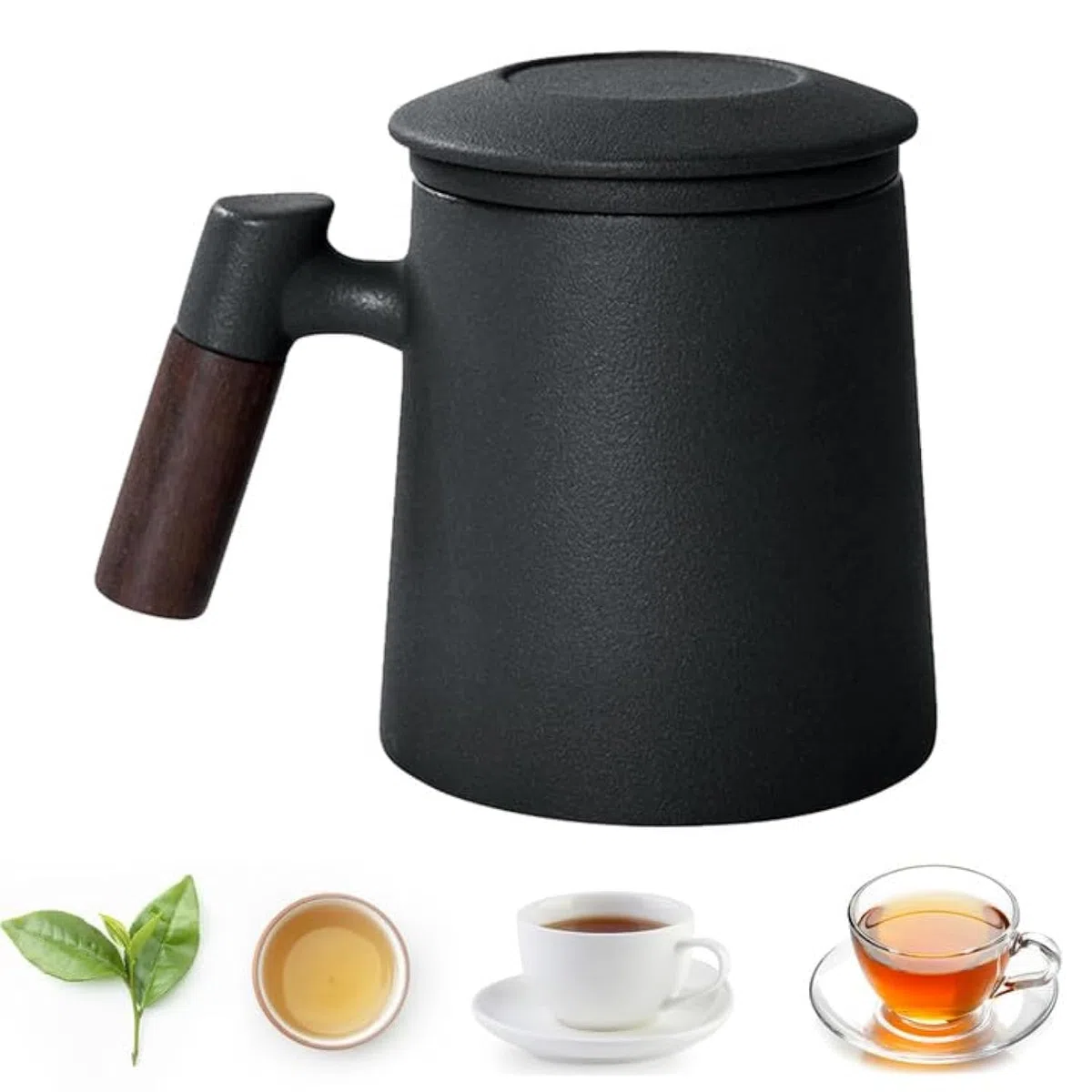 Tazza Manico Legno, Teiera In Ceramica Con Filtro E Coperchio, Per Tisana E Tè Sciolto, Uso Casa Ufficio (Nero)