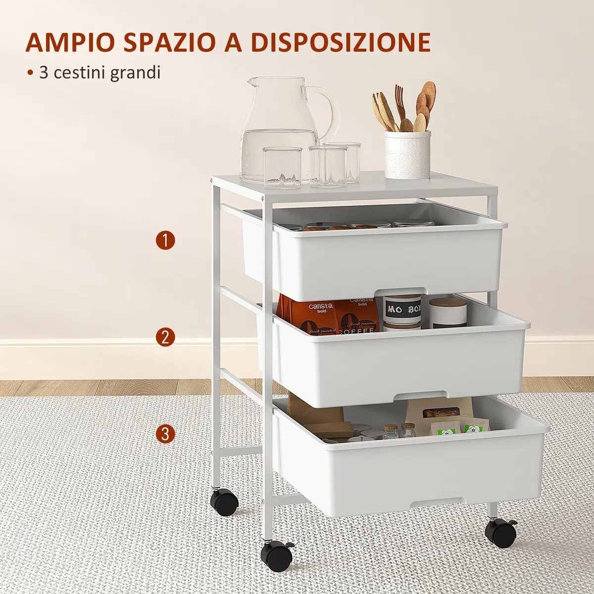 HOMCOM Carrello Portaoggetti con 3 Cestini Estraibili e Ruote, Carrello da Cucina Salvaspazio in Acciaio e Plastica, Bianco