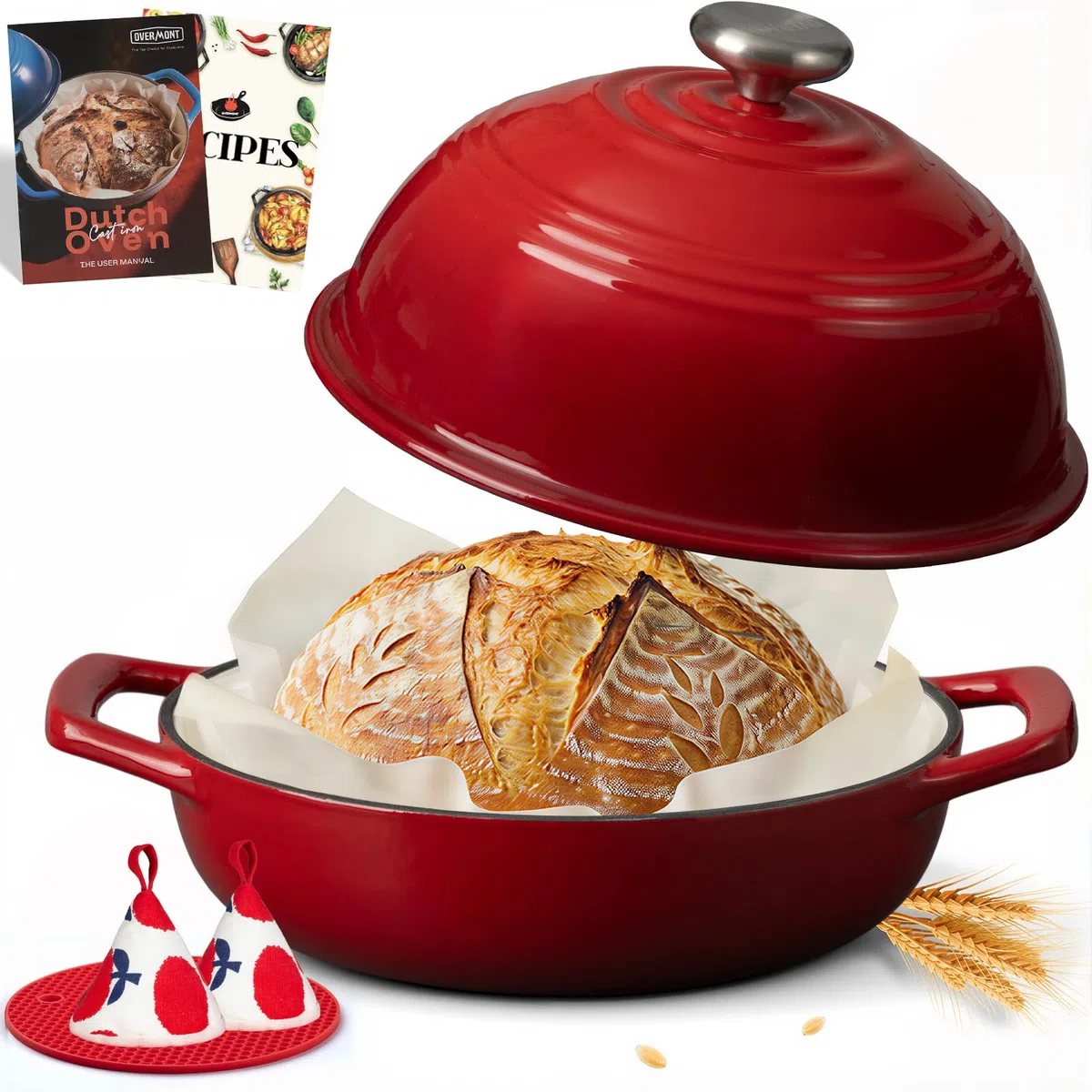 Overmont Pentola in Ghisa Smaltata per Pane - 5.7L Casseruola con Coperchio e Libro di Ricette - Per Cucina, Forno, Cuocere, Stufare e Arrostire - Rosso